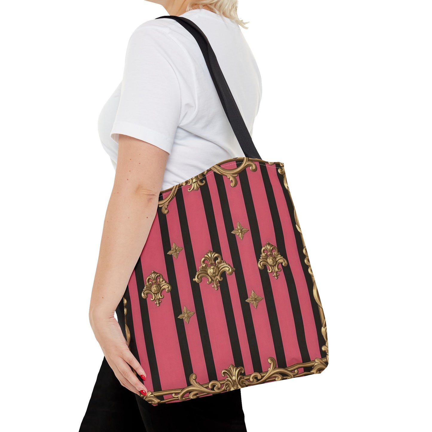 Chic Floral Tote Bag - Elegant Reusable Shopping Bag, Fashion Accessory, Gift for Her, Everyday Use, Eco-Friendly - Pink Striped Gold Rococo
