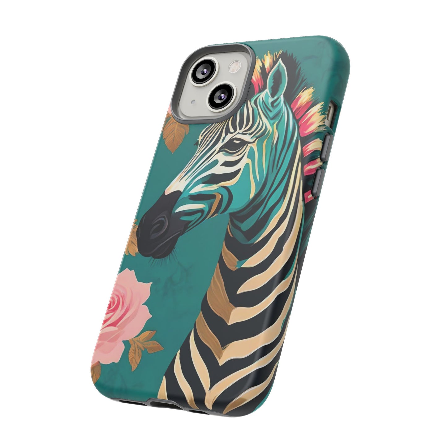 Phone Case - Elegant Teal & Gold Zebra & Roses Design