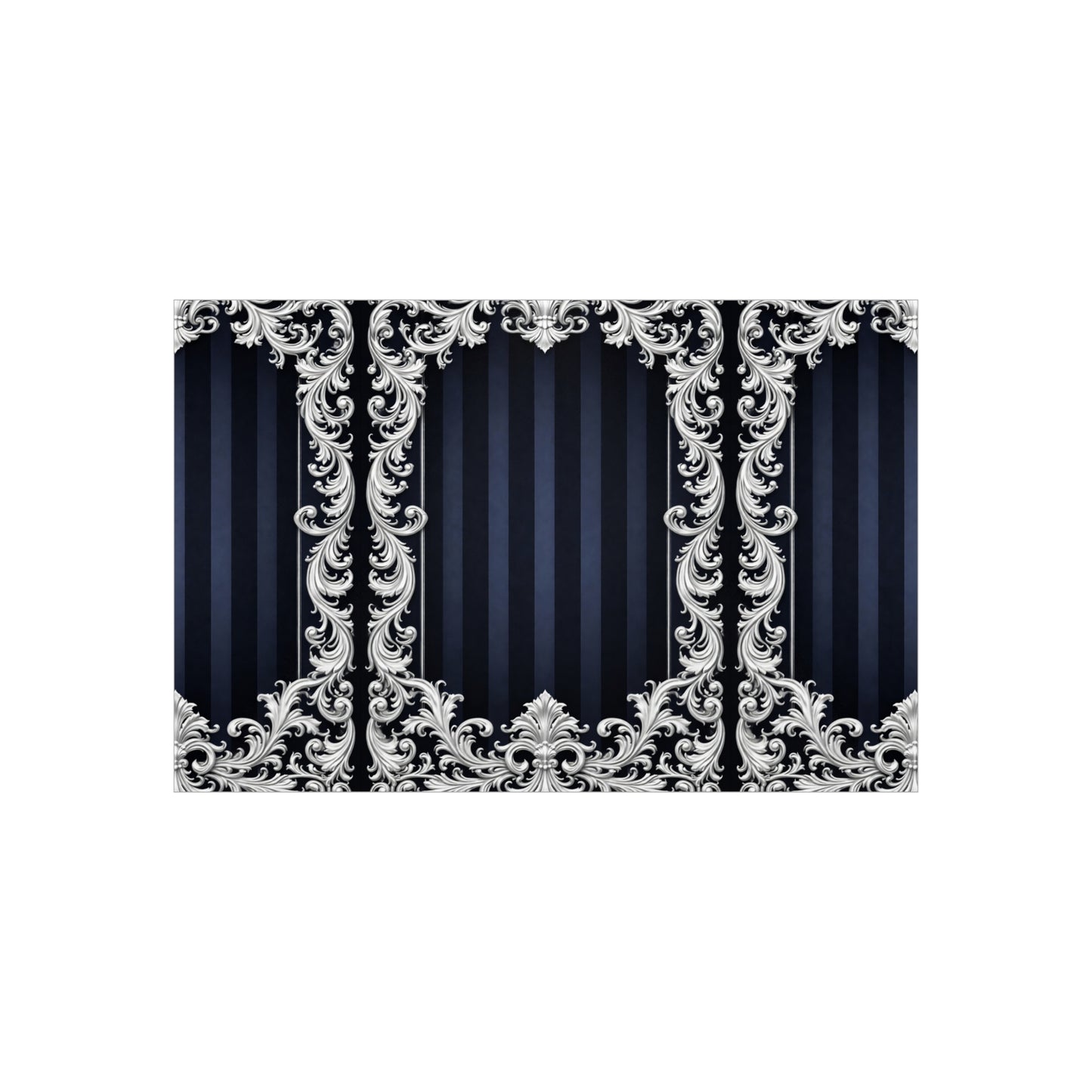Navy Stripes & Baroque Foam Board Backdrop — Ornate Silver Scroll Panel