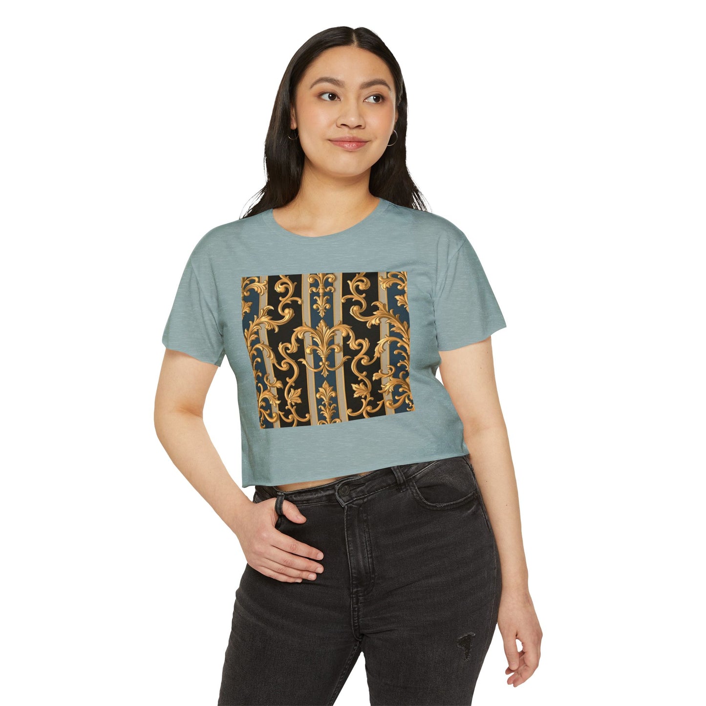 Women’s Festival Crop Top with Stylish Floral Pattern - Summer Outfit, Boho Chic, Concert Wear - Blue & Black Striped Rococo
