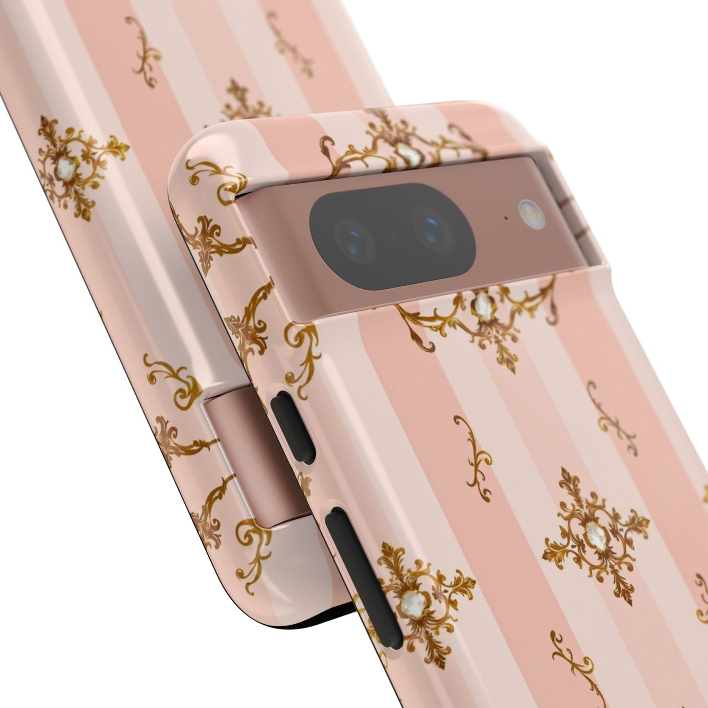 Elegant Floral Phone Case, Tough Cases for Women, Trendy Phone Cover, Chic Gift - Pink Jeweled Striped Gold Baroque