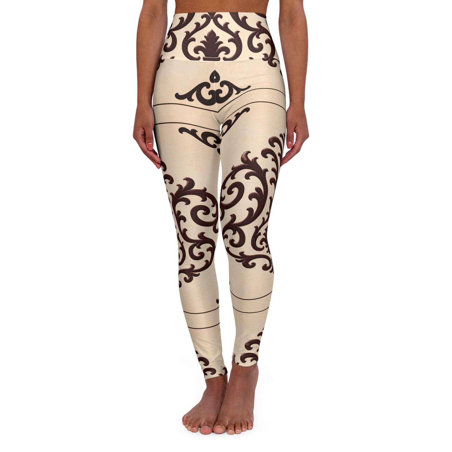 Almond-Beige & Brown Baroque High-Waisted Yoga Leggings — Elegant Scroll Pattern Activewear