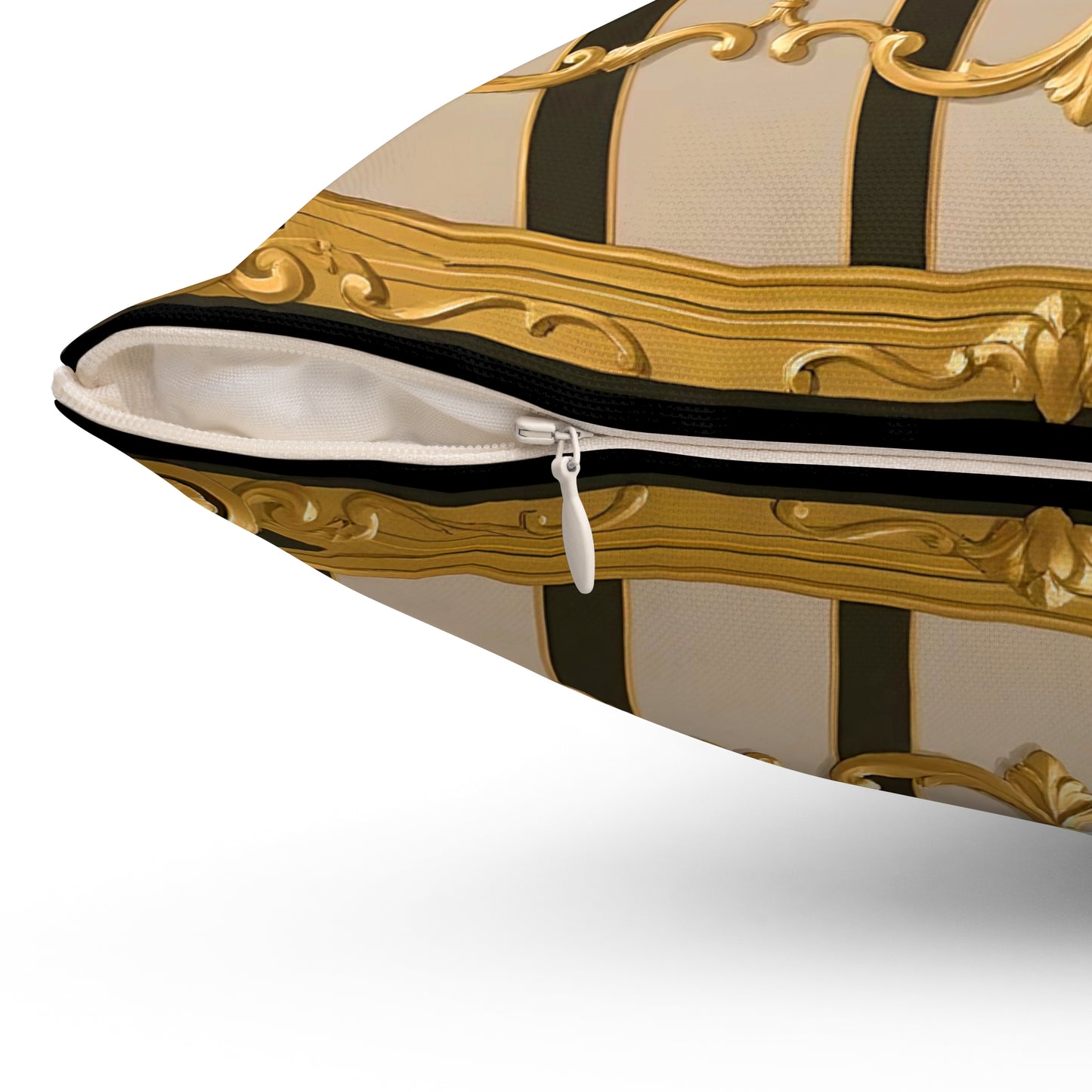 Elegant Neoclassical Square Pillow | Gold Accents, Home Decor, Gift for Him/Her, Luxury Cushion, Living Room Accent - Beige Striped Gold Rococo