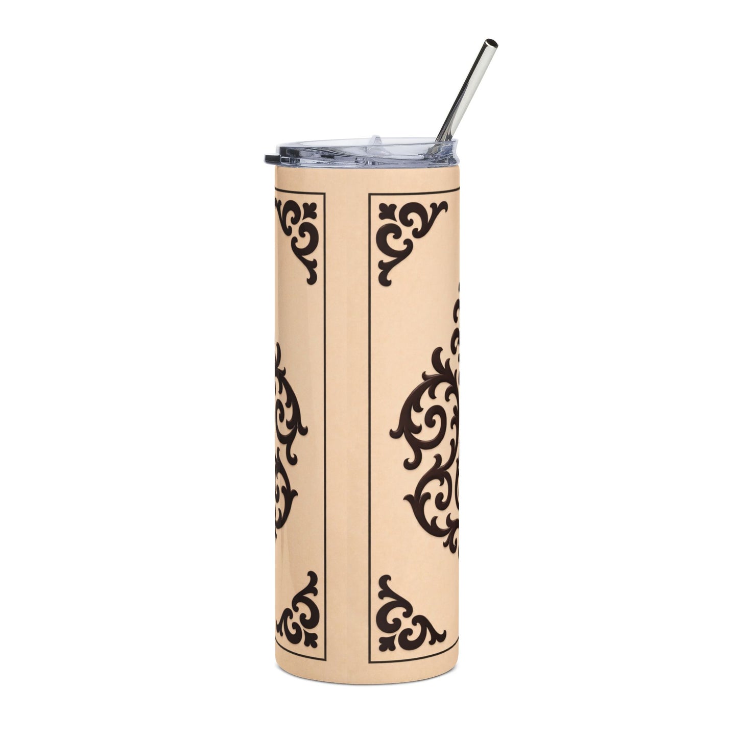 Almond-Beige & Brown Baroque 20oz Stainless Tumbler — Elegant Brown Baroque on Beige