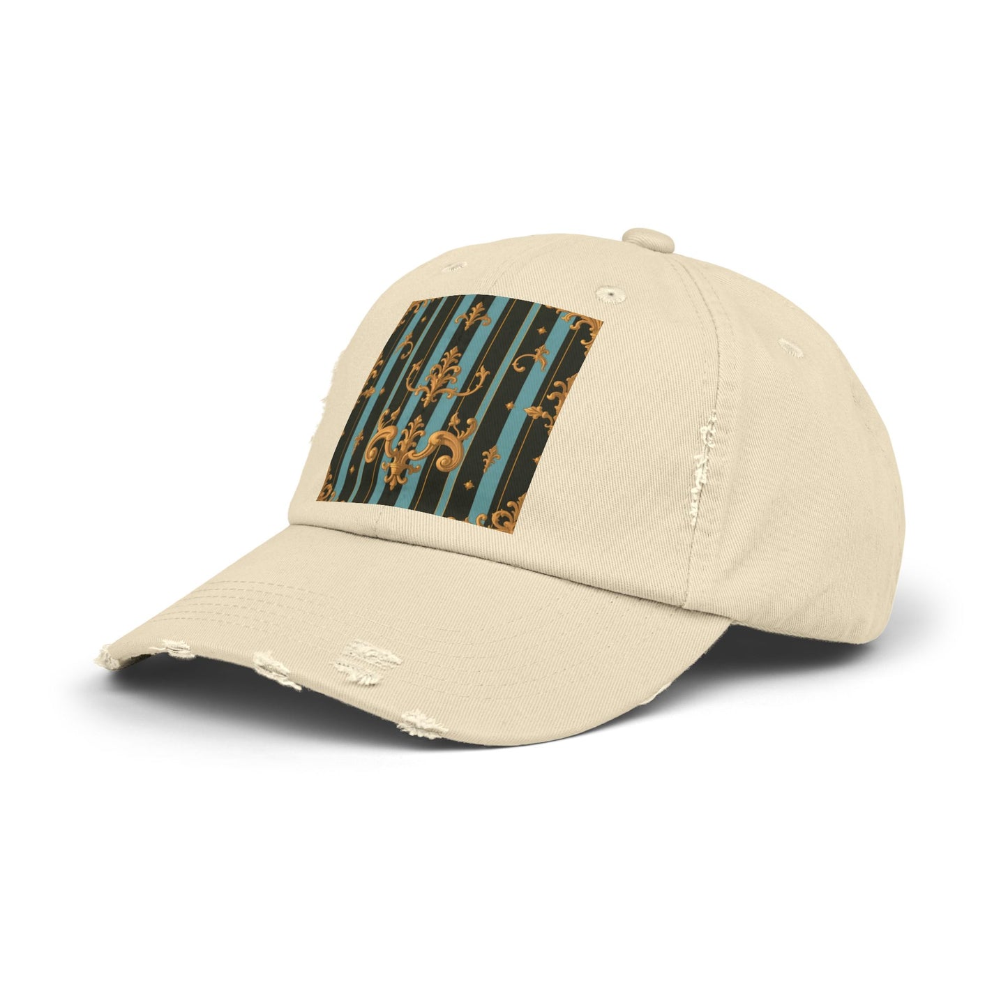 Vintage-Inspired Unisex Distressed Cap with Elegant Stripes and Ornate Design, Casual Hat for Fashion Lovers - Black & Turquoise Striped Baroque
