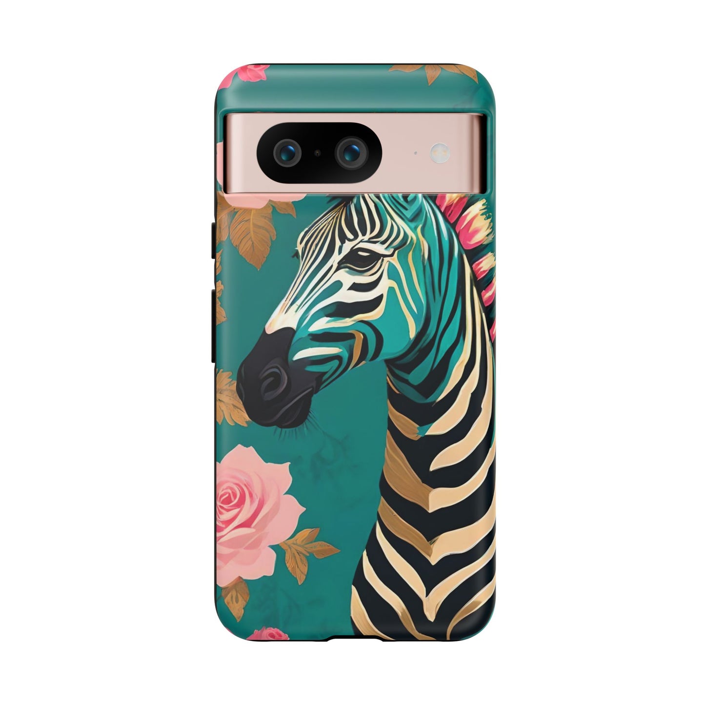 Phone Case - Elegant Teal & Gold Zebra & Roses Design