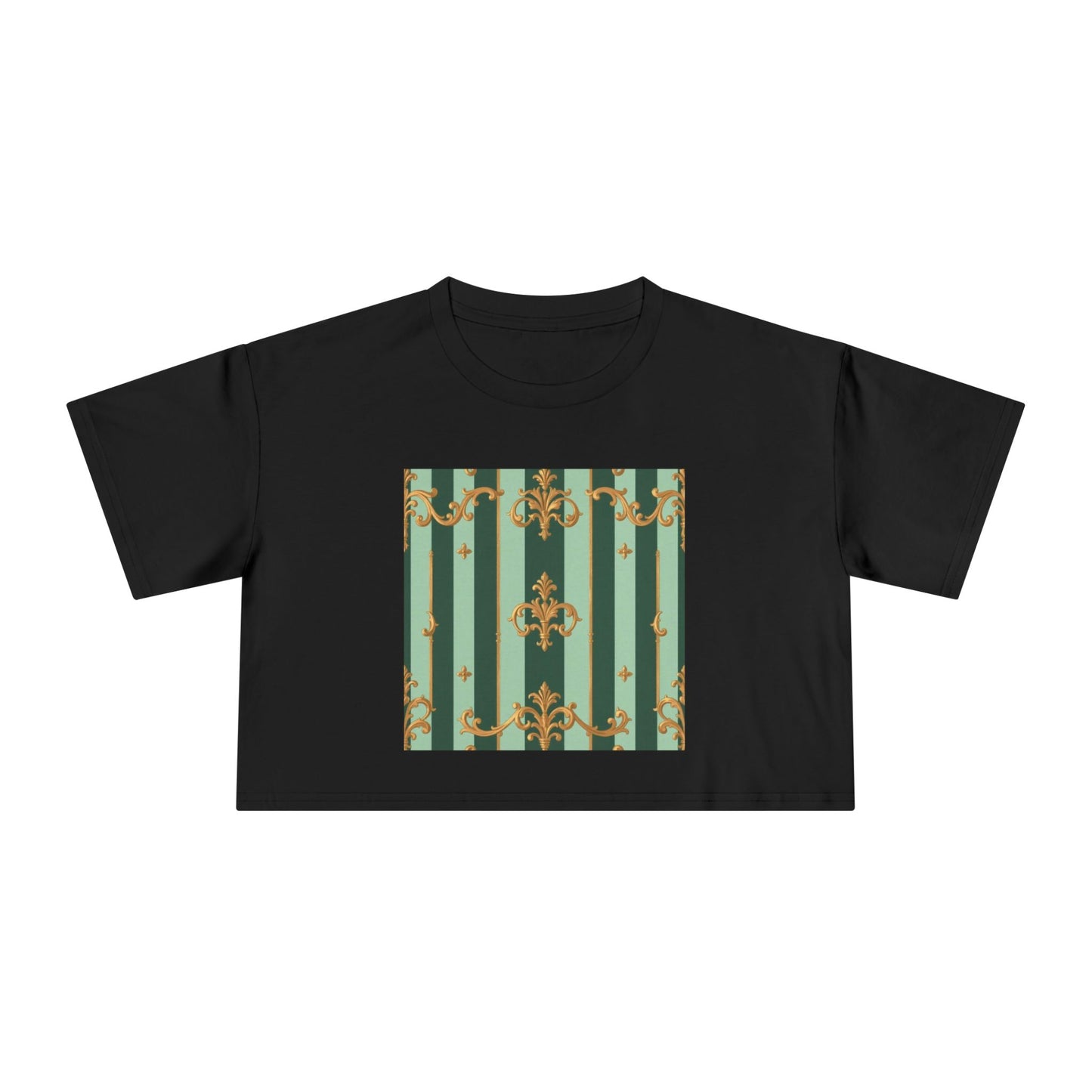 Chic Women's Crop Tee with Elegant Patterns, Fashion Top, Summer Style, Trendy Outfit, Gift for Her - Mint Green & Teal Striped Gold Baroque