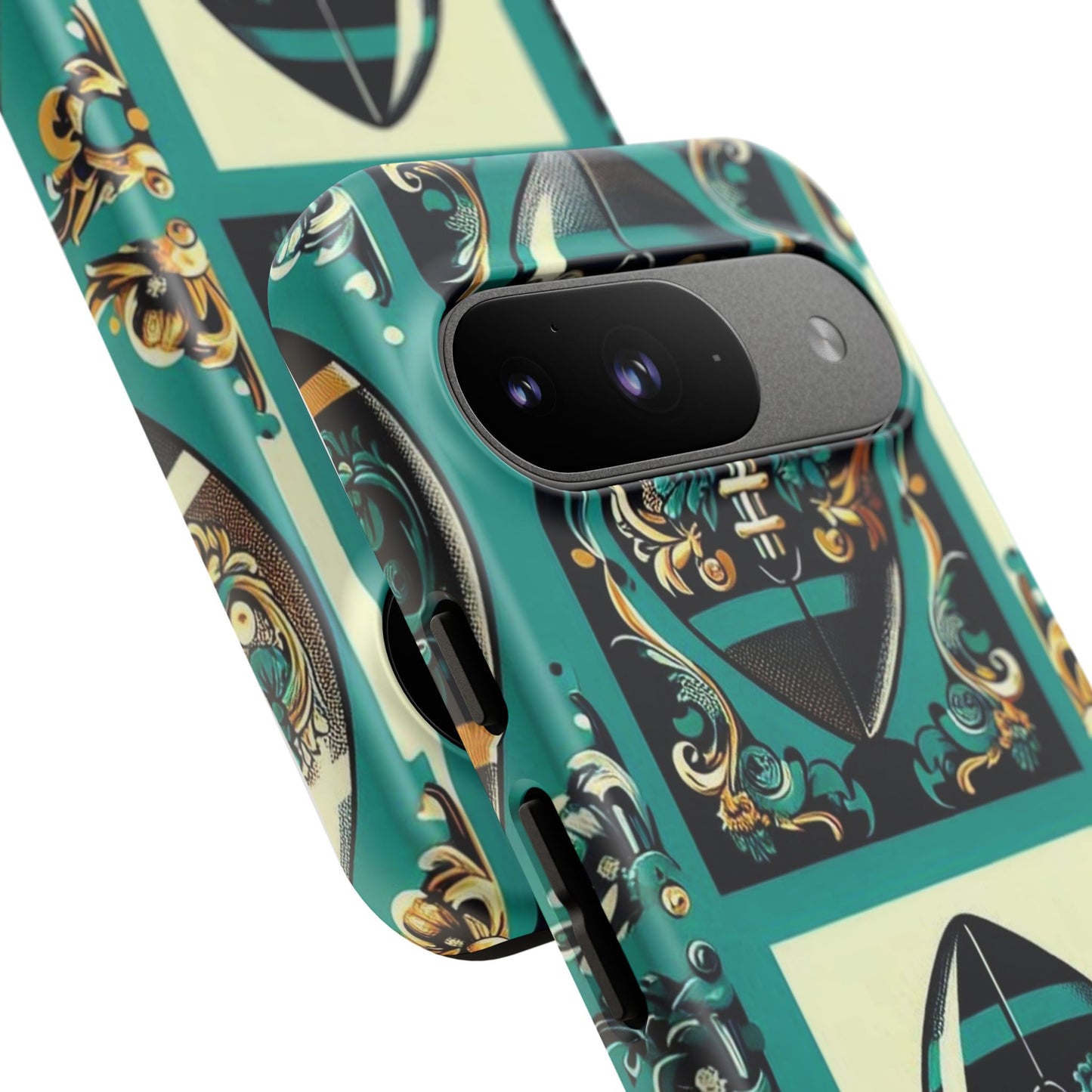 Elegant Floral Motif Phone Case - Tough Cases with Vintage Design -  Damask Teal, Gold & Black Footballs