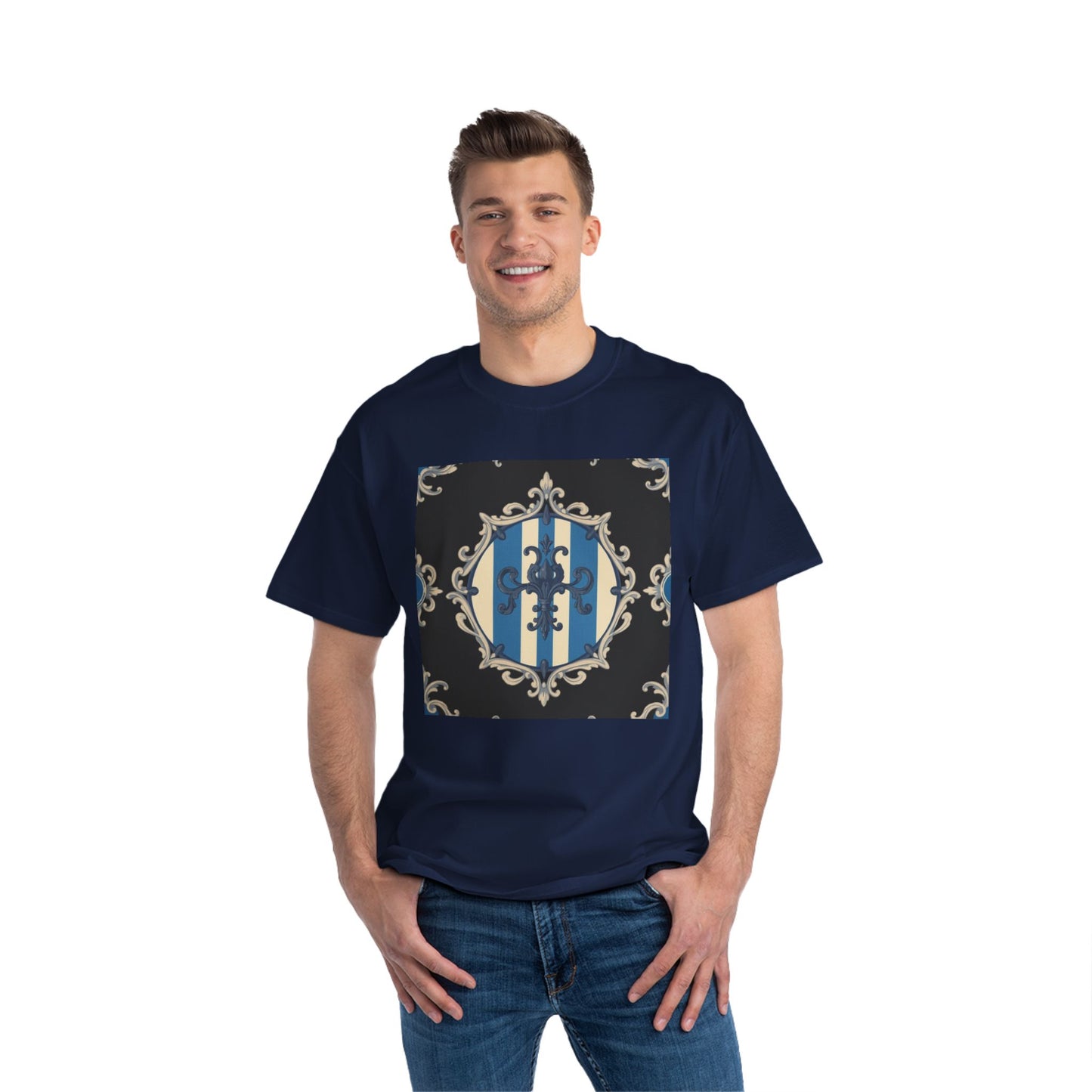 Elegant Blue & Alabaster Striped Baroque Short-Sleeve T-Shirt | Vintage Style, Graphic Tee, Casual Wear, Unisex Gift, Unique Design