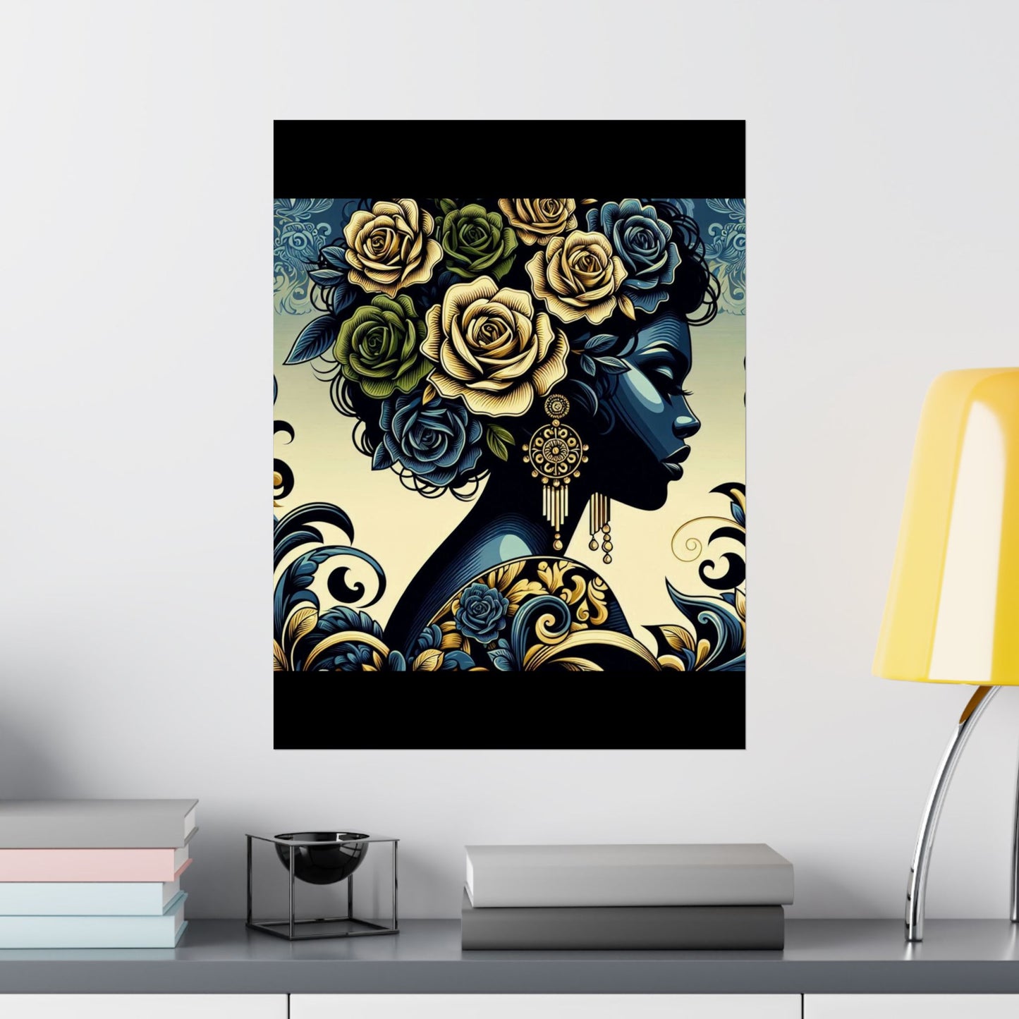 Floral Afro Art Poster - Elegant Matte Vertical Wall Decor - Midnight Blue Lady With Damask & Roses