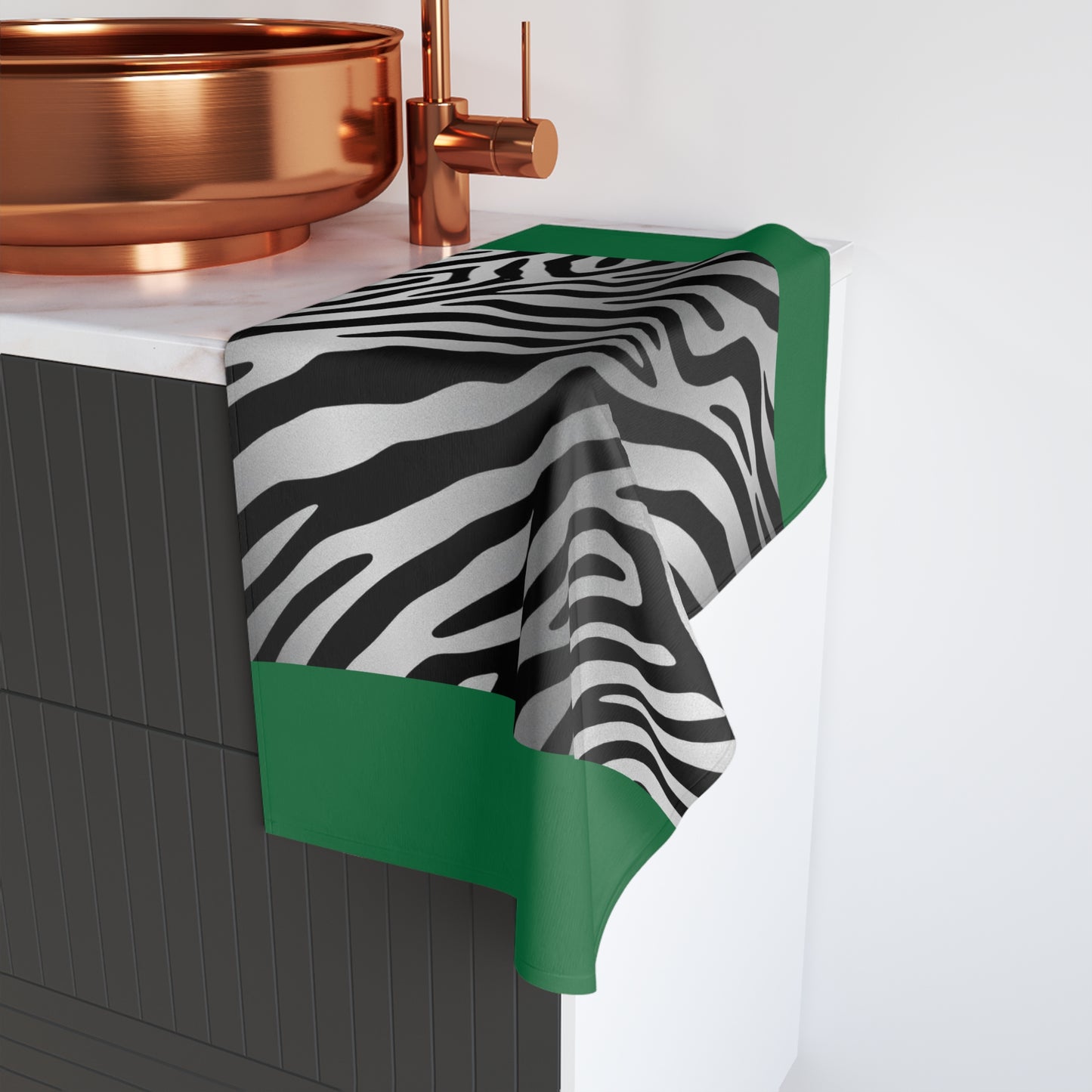Stylish Zebra Print Hand Towel - Modern Black and Silver Decor - Green Trim