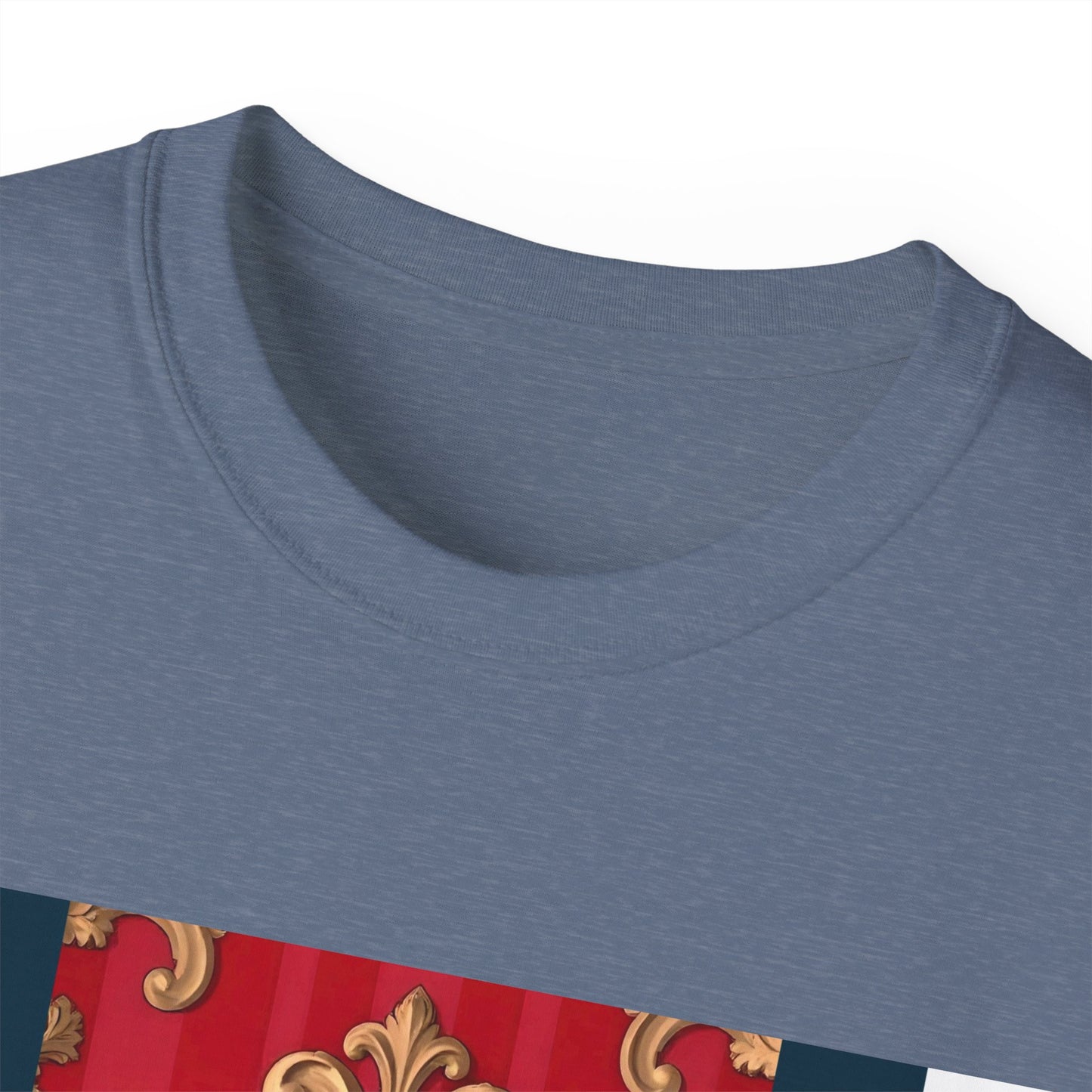 Regal Red Baroque T-Shirt, Artistic Tee, Gift for Art Lovers, Fashionable Statement Shirt, Unique Graphic Top - Blue, Red & White Striped Baroque