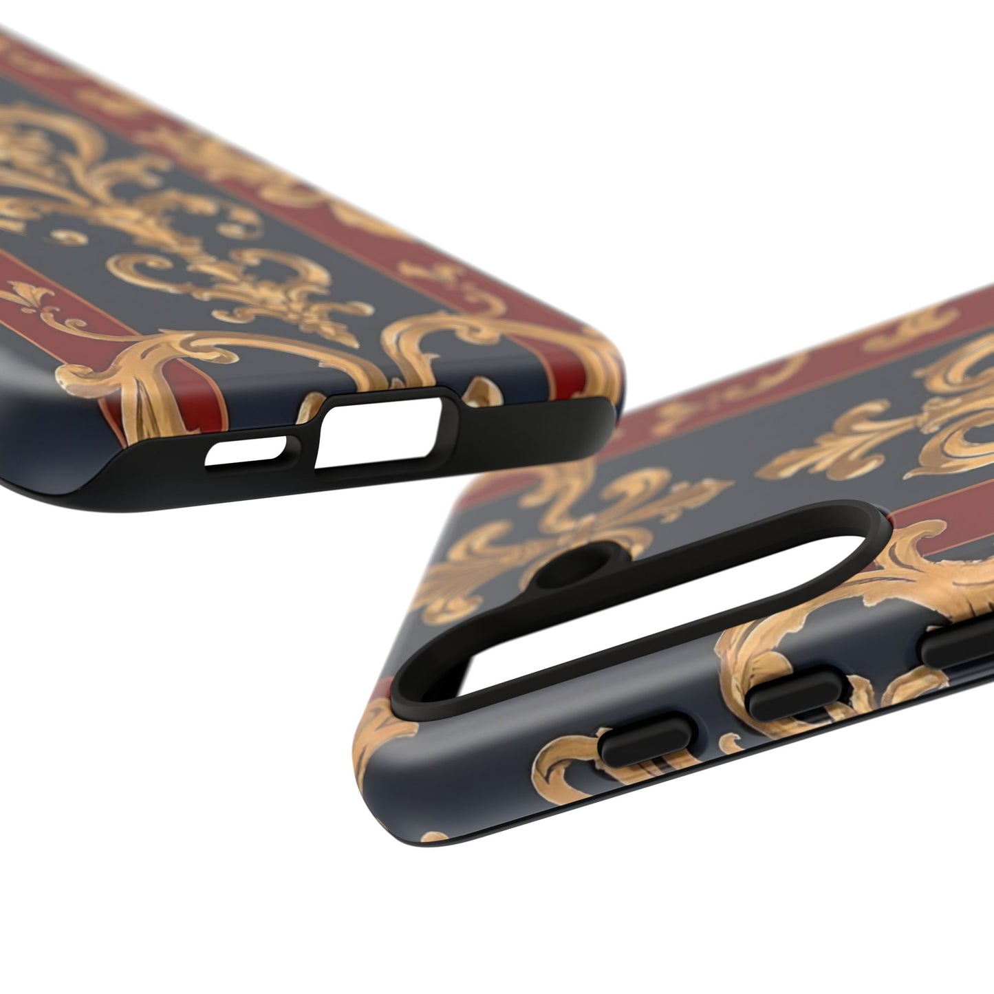 Elegant Floral Motif Phone Case - Tough Cases with Vintage Design - Midnight Blue & Dusk Red Striped Gold Damask
