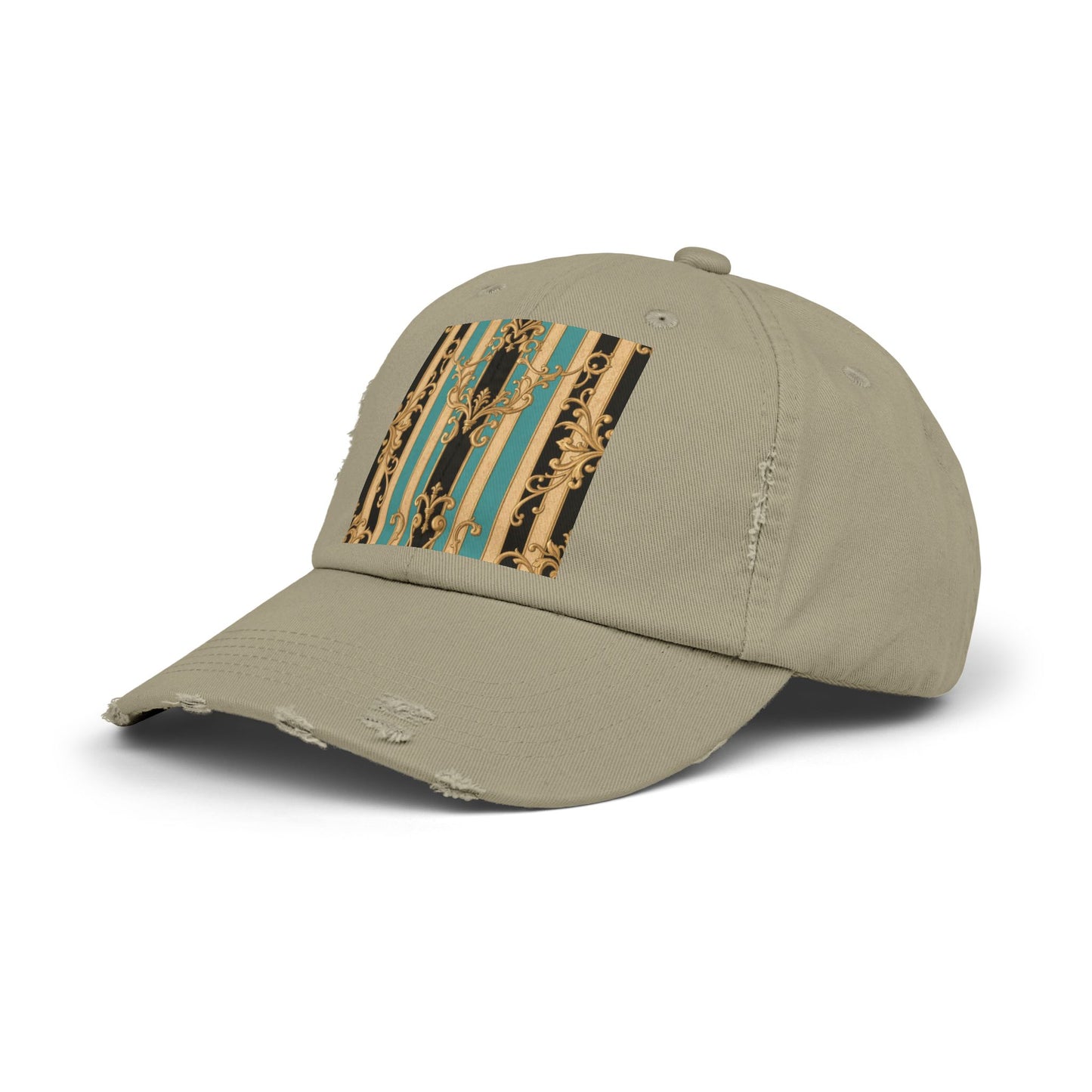 Distressed Black, Tan & Ocean Green Striped Gold Baroque Cap with Elegant Stripe Design | Vintage-Inspired Accessories, Unisex Casual Hat