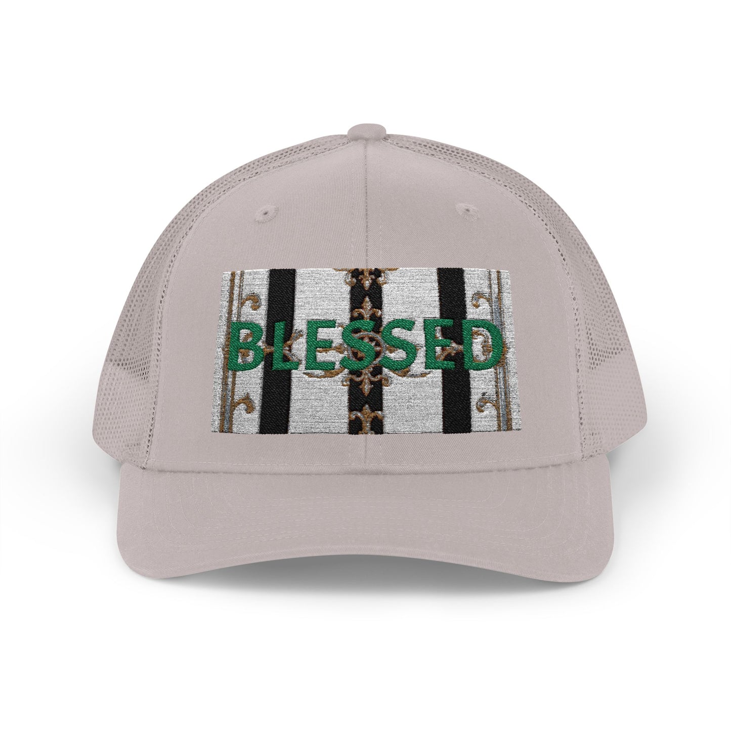 Blessed Snapback Trucker Cap | Casual Style, Outdoor Gear, Faith-Based Gift, Adjustable Hat, Everyday Fashion - Black & White Striped Gold Baroque