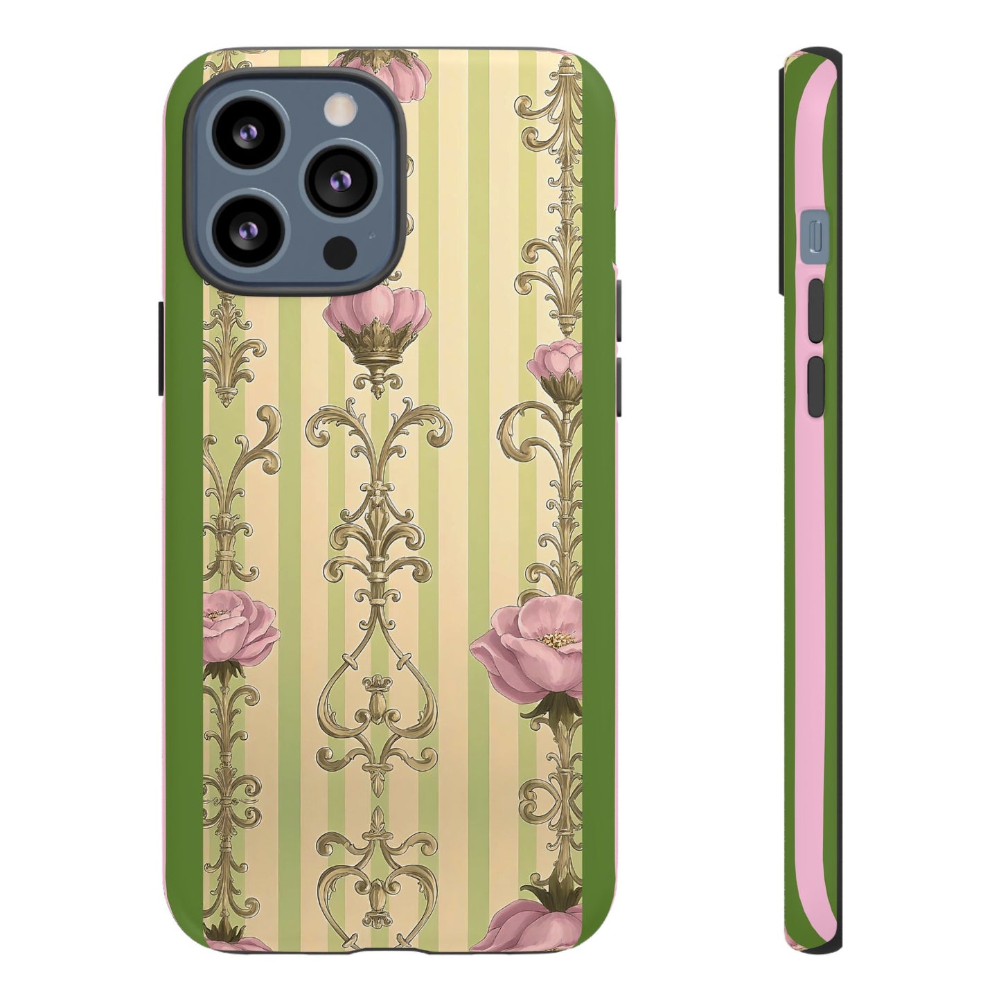 Elegant Floral Motif Phone Case - Tough Cases with Vintage Design - Lime Green & Pink Striped Damask