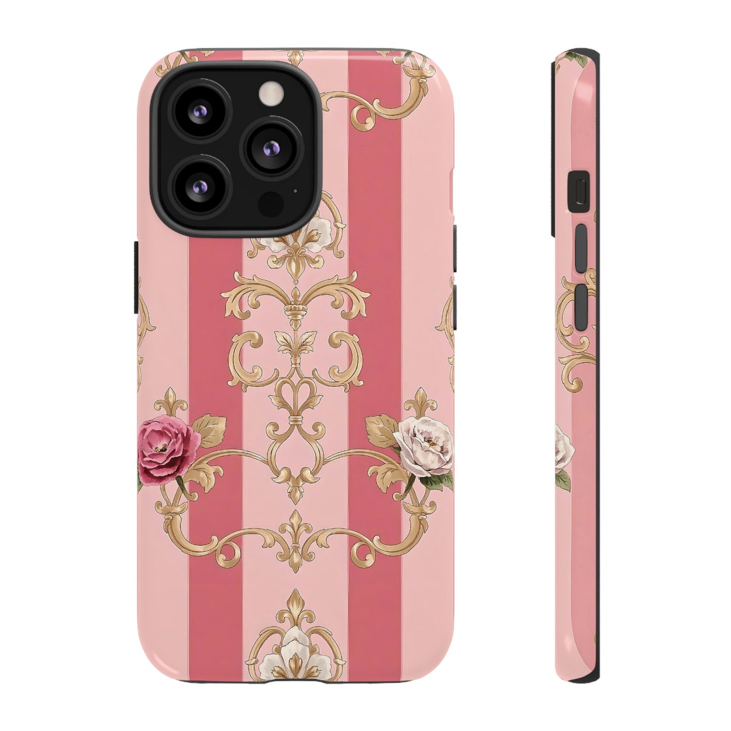 Elegant Floral Motif Phone Case - Tough Cases with Vintage Design - Pink Striped Roses & Damask