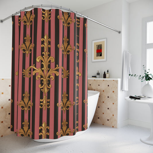 Elegant Vintage Floral Shower Curtain - Luxurious Home Décor for Classy Bathrooms - Mauve Striped Gold Damask