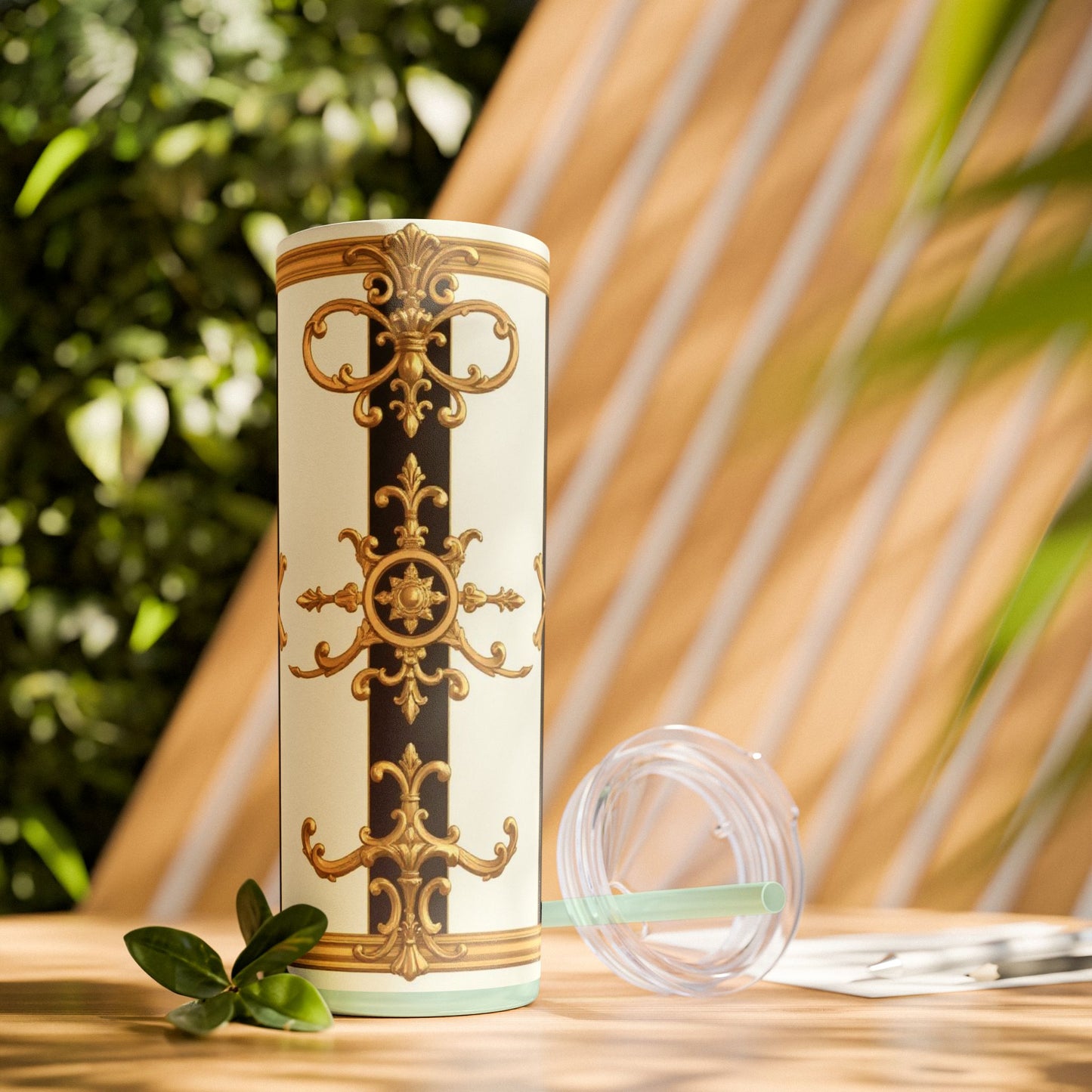 Elegant Gold Accents Skinny Tumbler, 20oz - Stylish Drinkware for Weddings, Parties, Gifts, or Everyday Use - Black & White Striped Gold Baroque