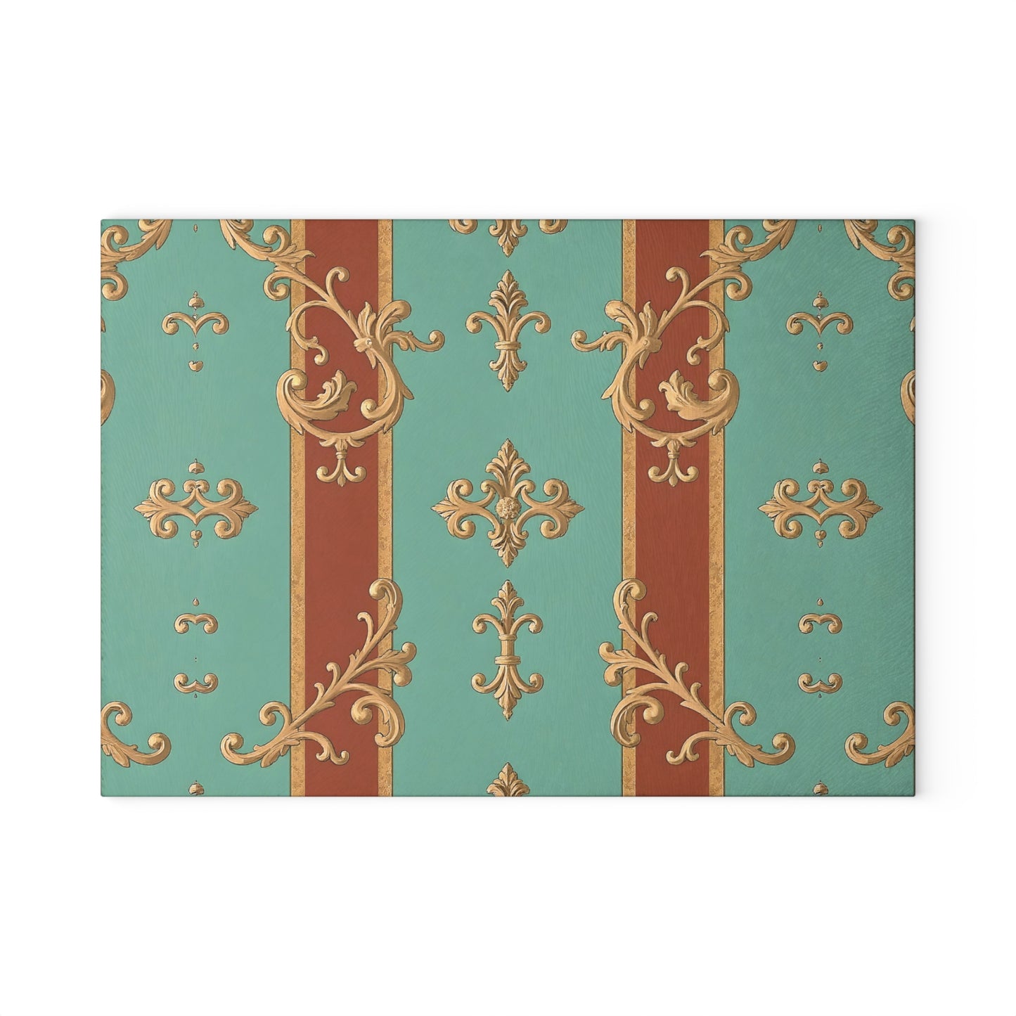 Elegant Decorative Glass Cutting Board, Kitchen Decor, Gift for Chefs, Home Decor, Wedding Gift - Rust & Mint Aqua Striped Baroque