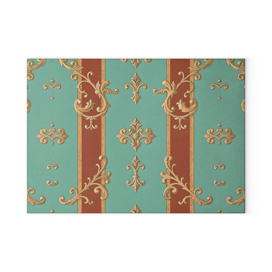 Elegant Decorative Glass Cutting Board, Kitchen Decor, Gift for Chefs, Home Decor, Wedding Gift - Rust & Mint Aqua Striped Baroque
