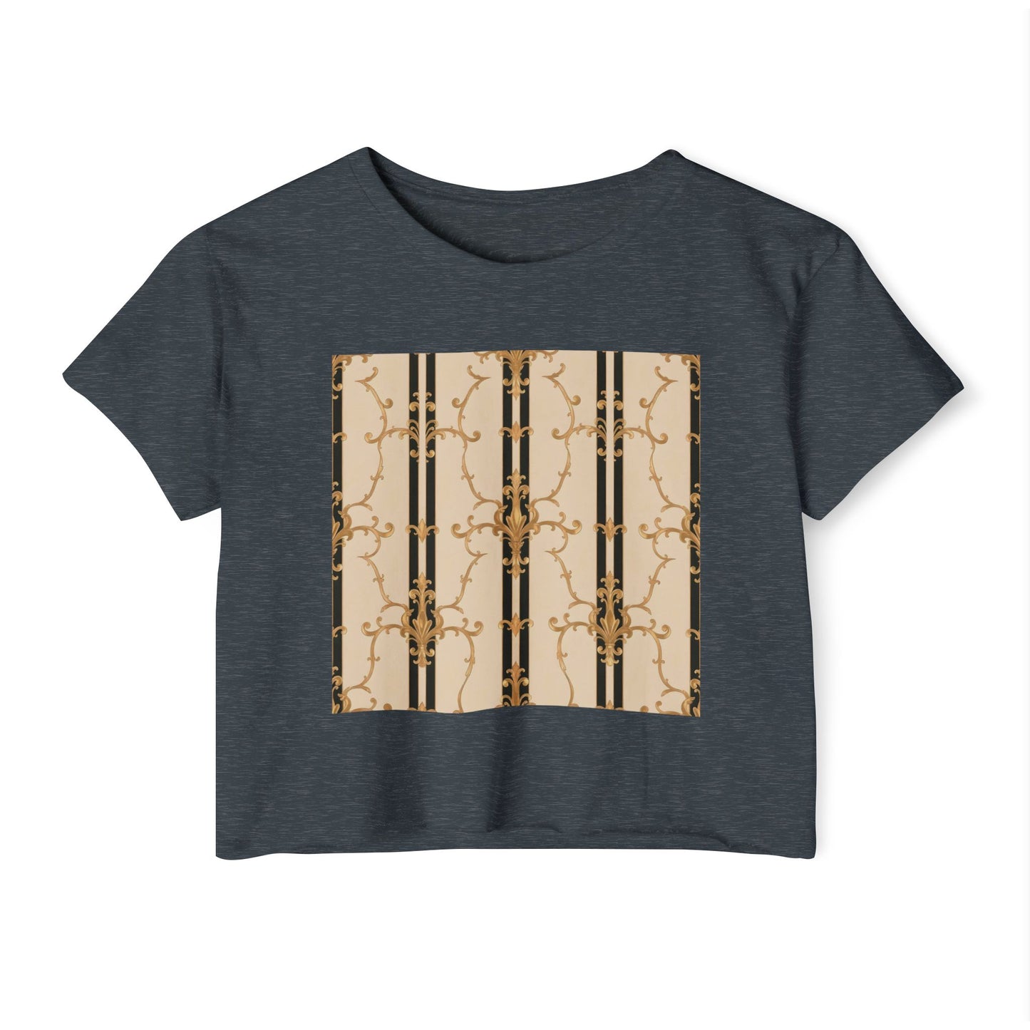 Festival Crop Top, Stylish Summer Tee, Trendy Women's Shirt, Festival Wear, Perfect for Music Events - Black & Beige Striped Damask