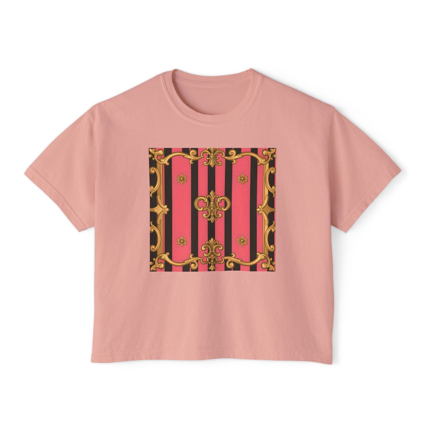 Chic Graphic Boxy Tee - Trendy Women's Casual Top, Festival Shirt, Gift for Her, Baroque Style - Pink & Black Striped Gold Baroque