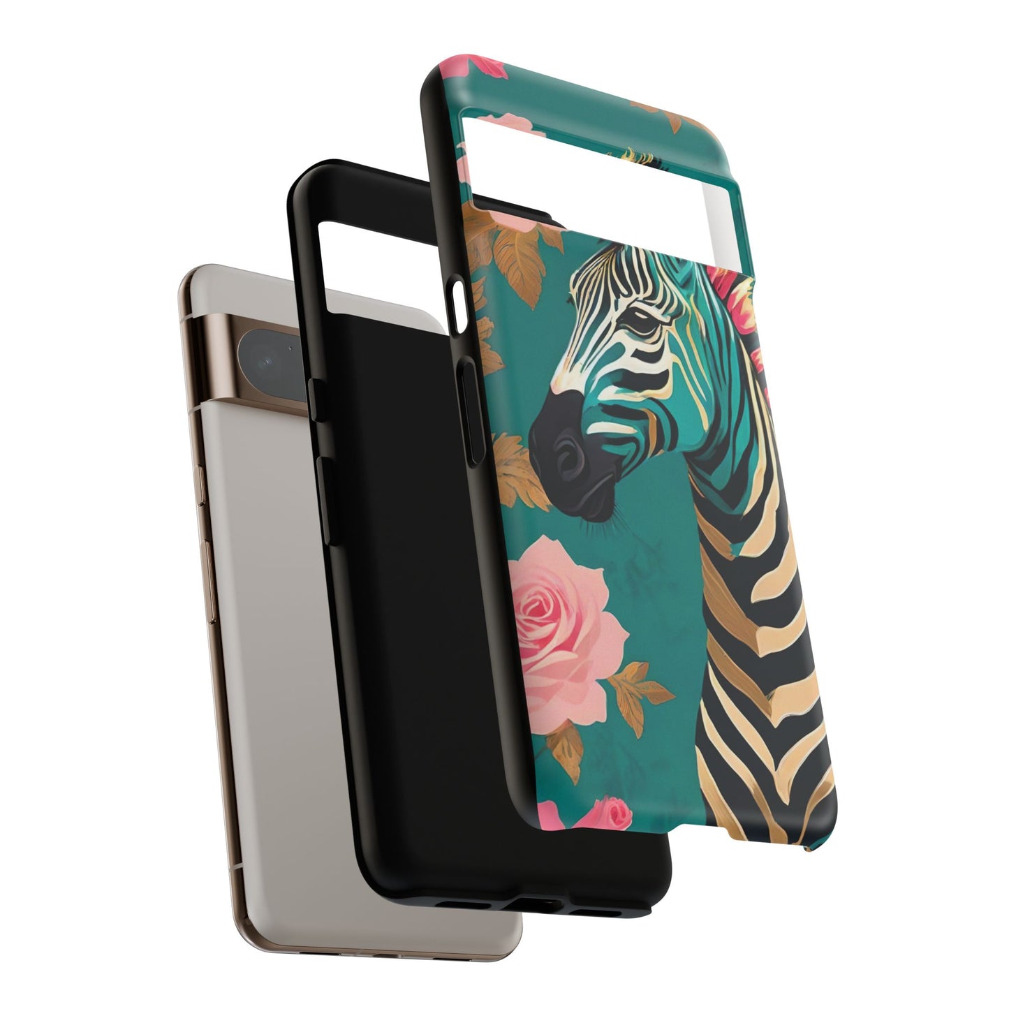 Phone Case - Elegant Teal & Gold Zebra & Roses Design