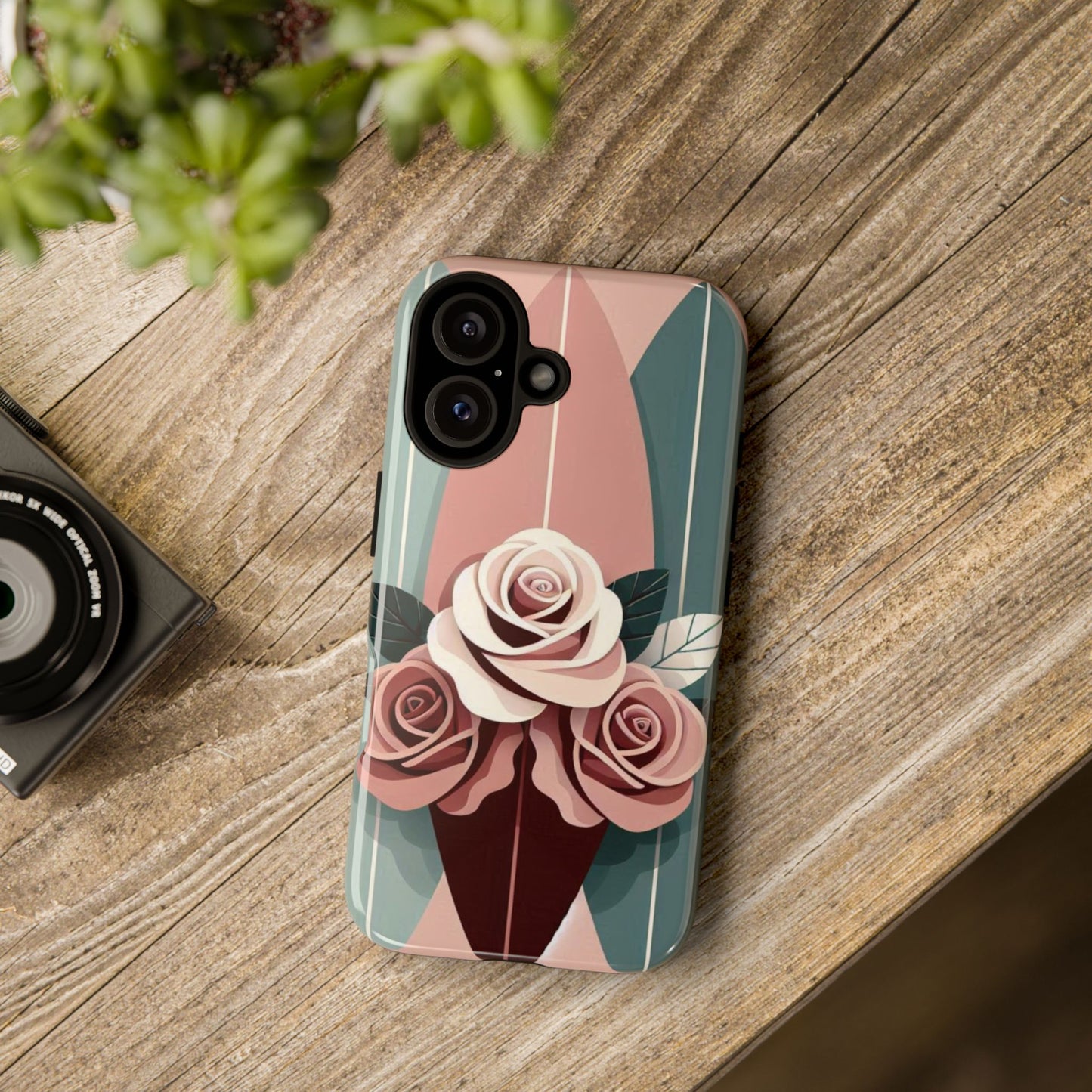 Phone Case - Burgundy, Matte Mauve & Teal Surfboard & Roses Design