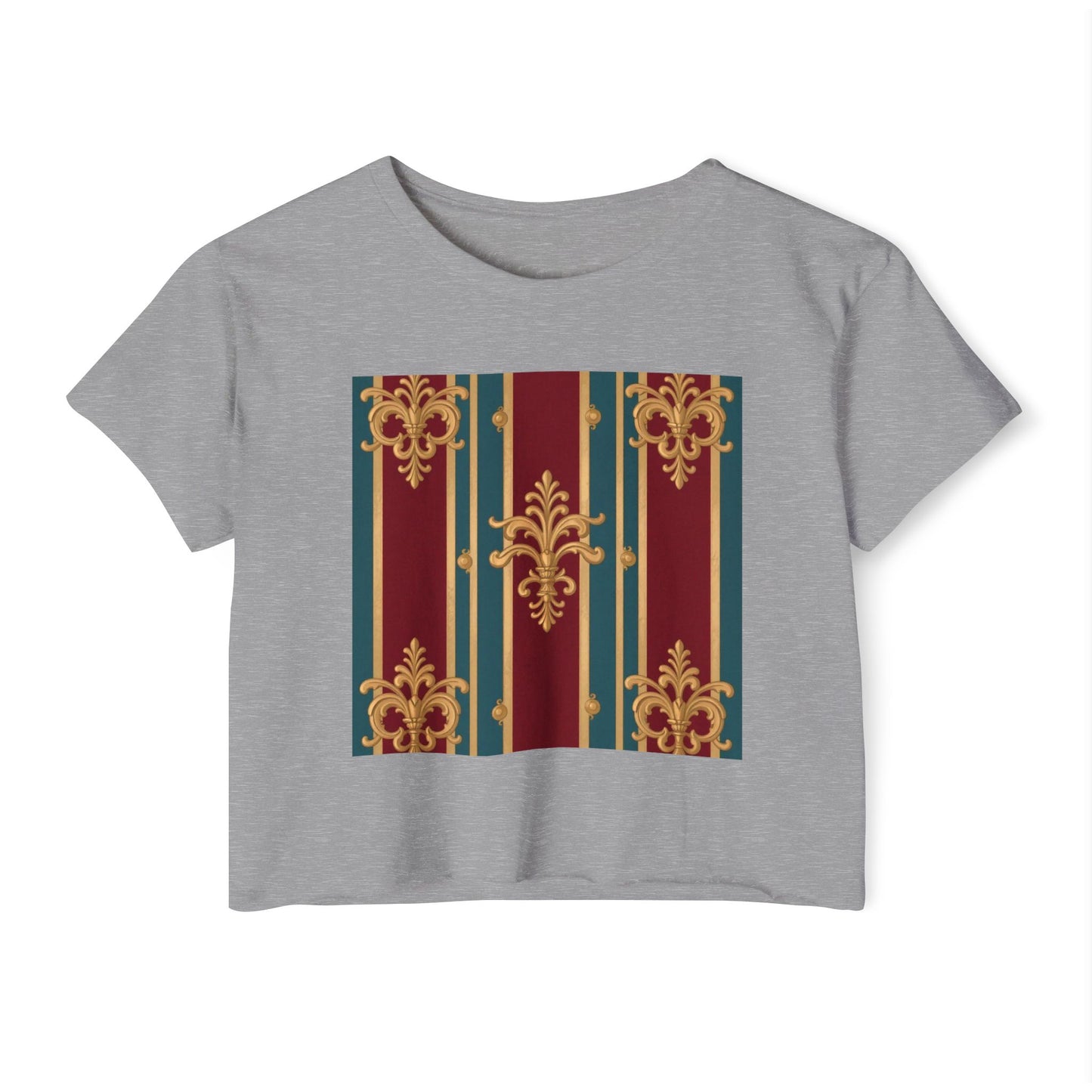 Baroque Chic Festival Crop Top | Women’s Floral Summer Tee, Outdoor Concert Wear, Vacation Top - Burgundy Striped Gold Baroque