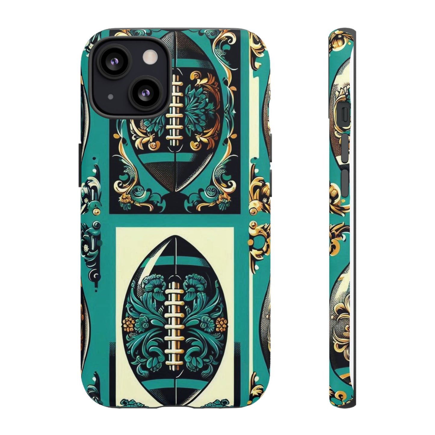 Elegant Floral Motif Phone Case - Tough Cases with Vintage Design -  Damask Teal, Gold & Black Footballs