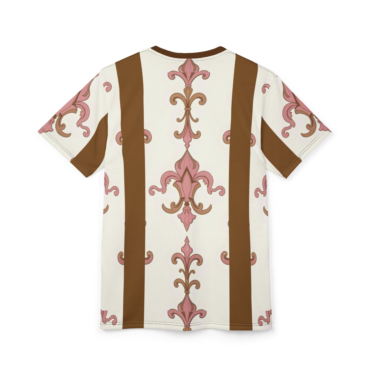 Elegant Floral Unisex Tee, Trendy Graphic Tee, AOP T-Shirt for Casual Wear, Gift for Her & Him - Brown Striped Pink Arabesque