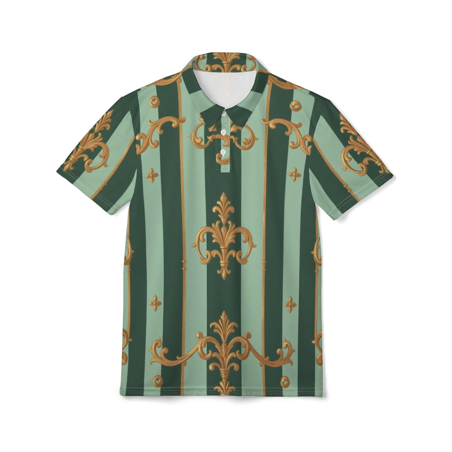 Elegant Patterned Unisex Polo Shirt, Stylish Polo, Casual Shirt, Summer Essential, Gift for Him/Her - Mint Green & Teal Striped Gold Baroque