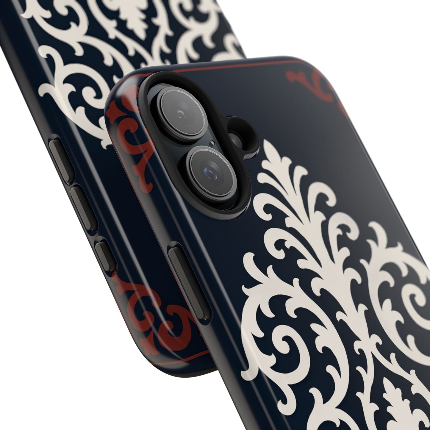 Dusk Blue-Maroon & White Baroque Tough Phone Case — Vintage Scroll Design