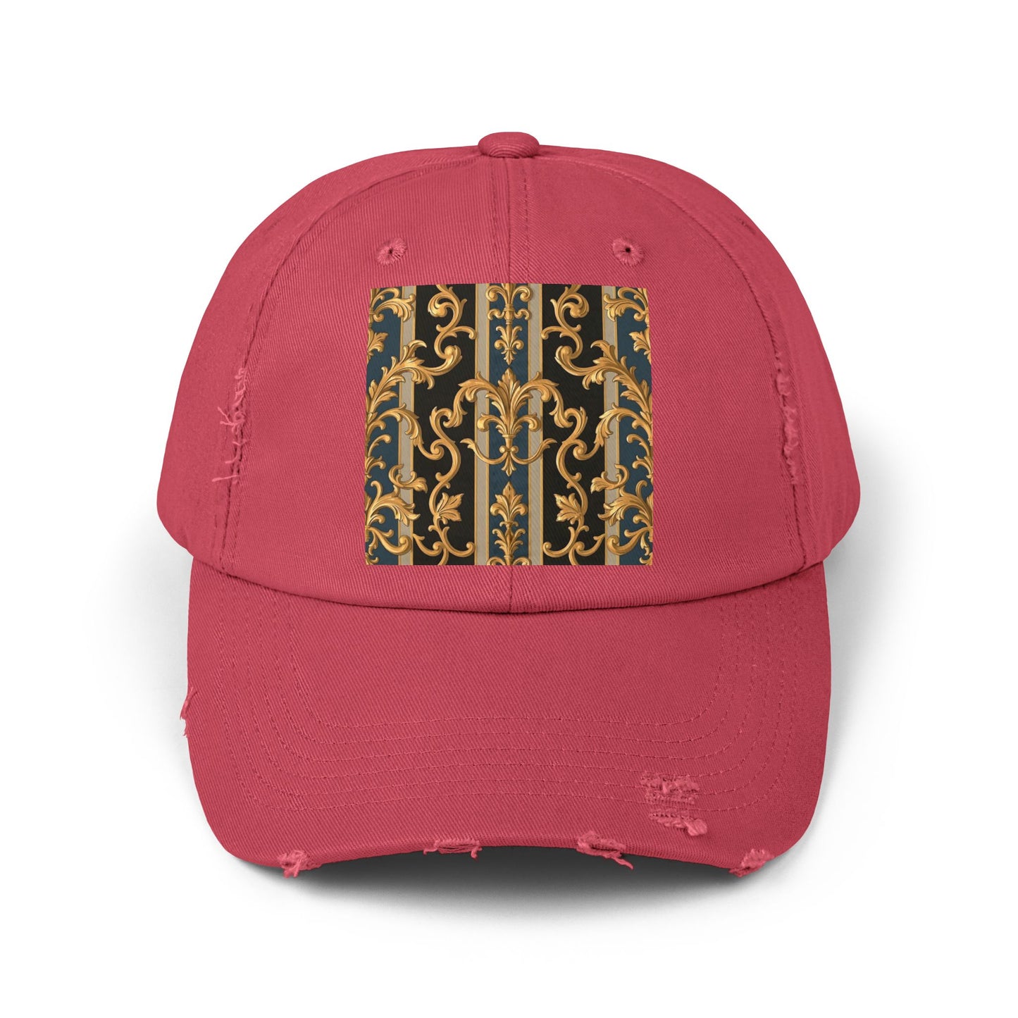 Unisex Distressed Cap with Elegant Gold Pattern, Vintage Style Hat, Casual Fashion Accessory - Blue & Black Striped Rococo