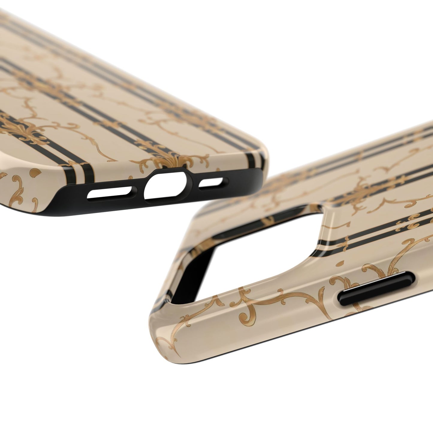 Elegantly Tough Phone Cases | Stylish Phone Covers, Durable Cases, Fashionable Accessories - Black & Beige Striped Damask