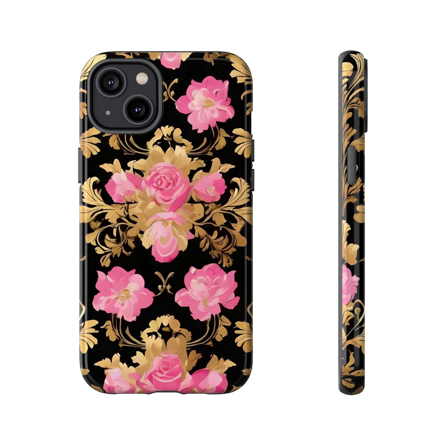 Elegant Floral Motif Phone Case - Tough Cases with Vintage Design - Pink & Gold Roses