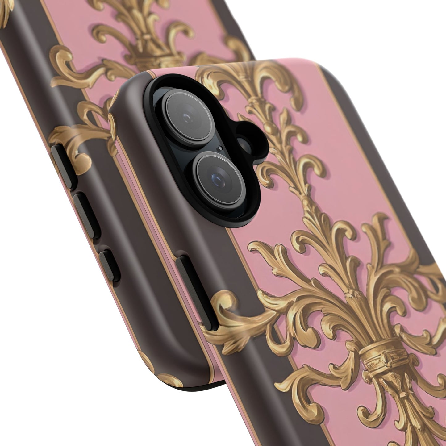 Elegant Floral Motif Phone Case - Tough Cases with Vintage Design - Pink & Brown Striped Gold Damask