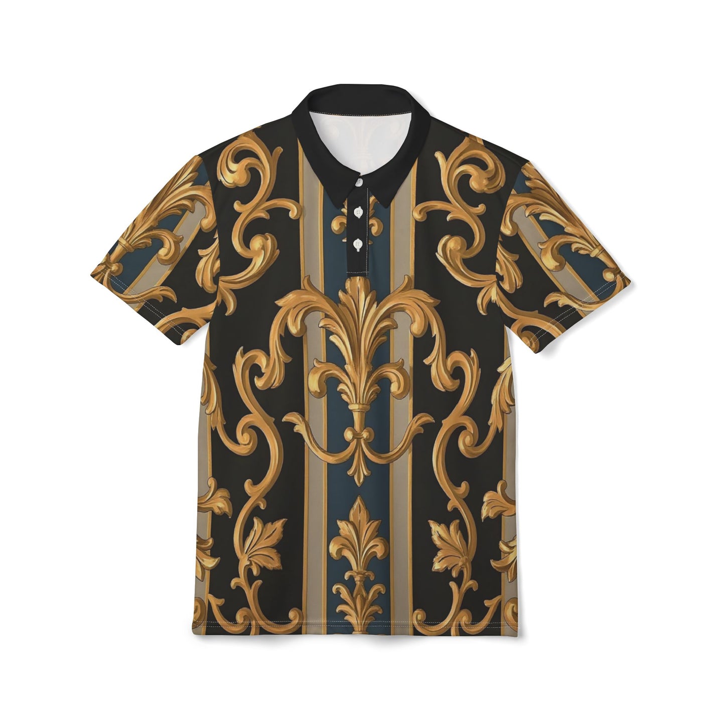 Elegant AOP Unisex Polo Shirt - Stylish Floral Pattern Tee, Perfect for Casual Outings - Blue & Black Striped Rococo
