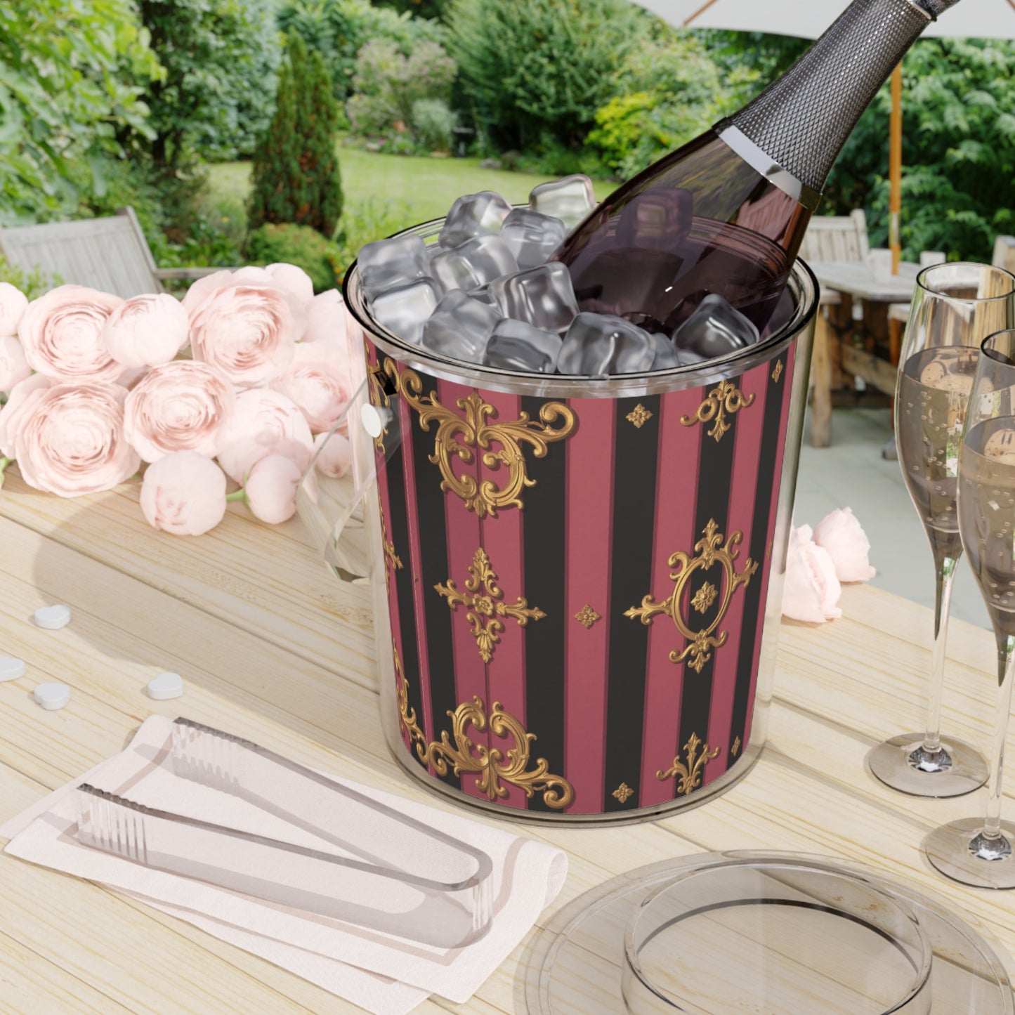 Elegant Black & Mauve Striped Gold Baroque Ice Bucket with Tongs, Barware Accessory, Decorative Cooler, Gift for Hosts, Holiday Decor