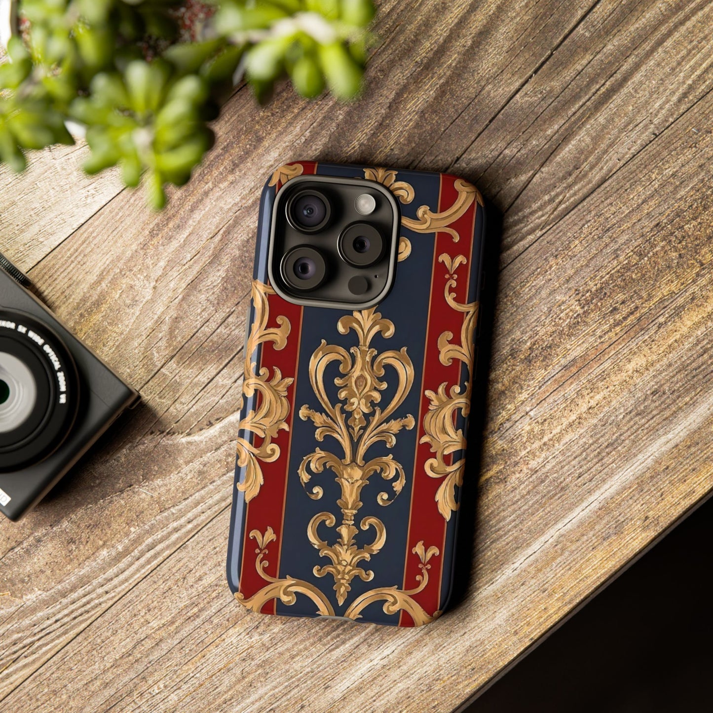 Elegant Floral Motif Phone Case - Tough Cases with Vintage Design - Midnight Blue & Dusk Red Striped Gold Damask