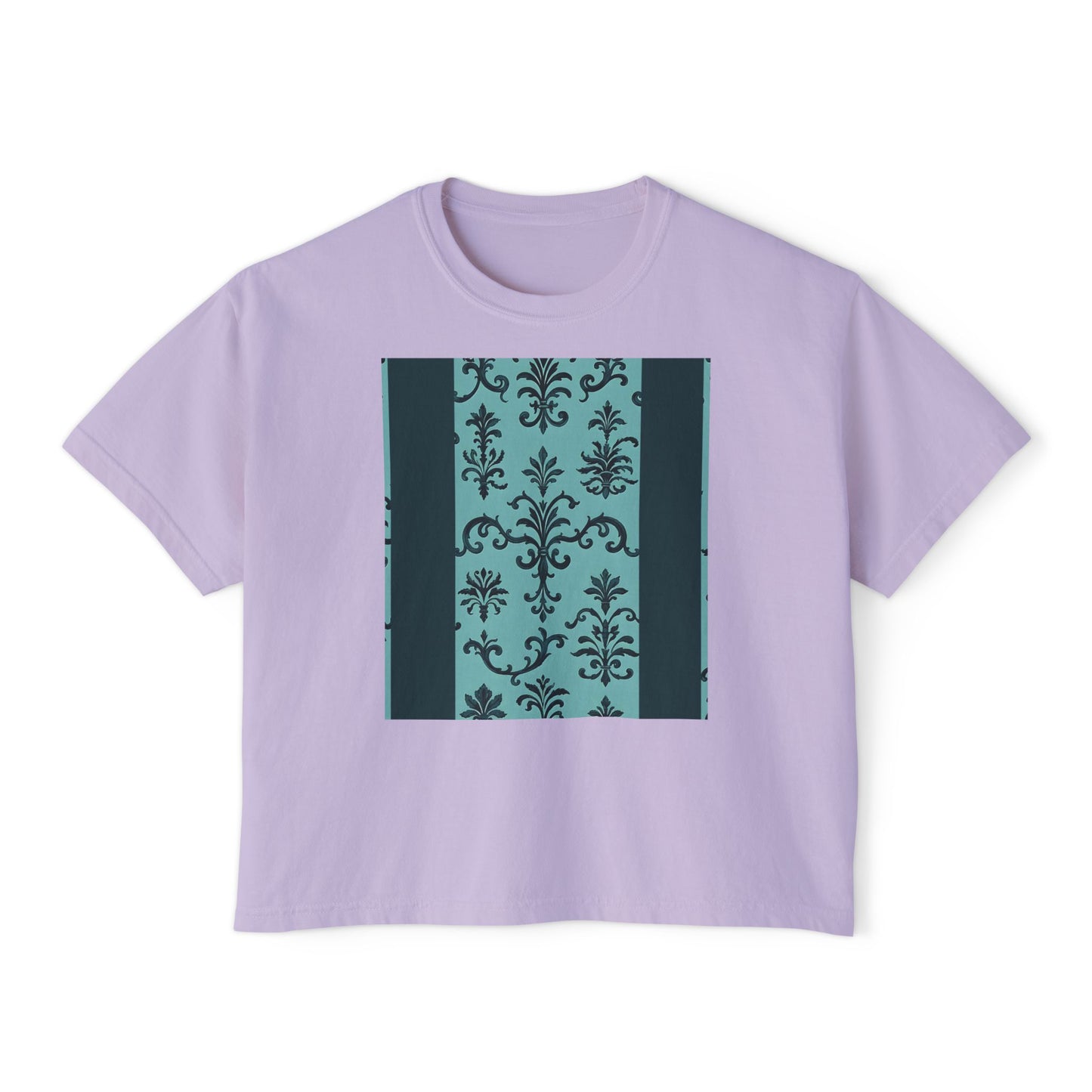 Women's Boxy Tee with Vintage Floral Design, Casual Top, Everyday Wear, Gifts for Her, Summer Fashion, Vintage Style T-Shirt - Teal Striped Rococo