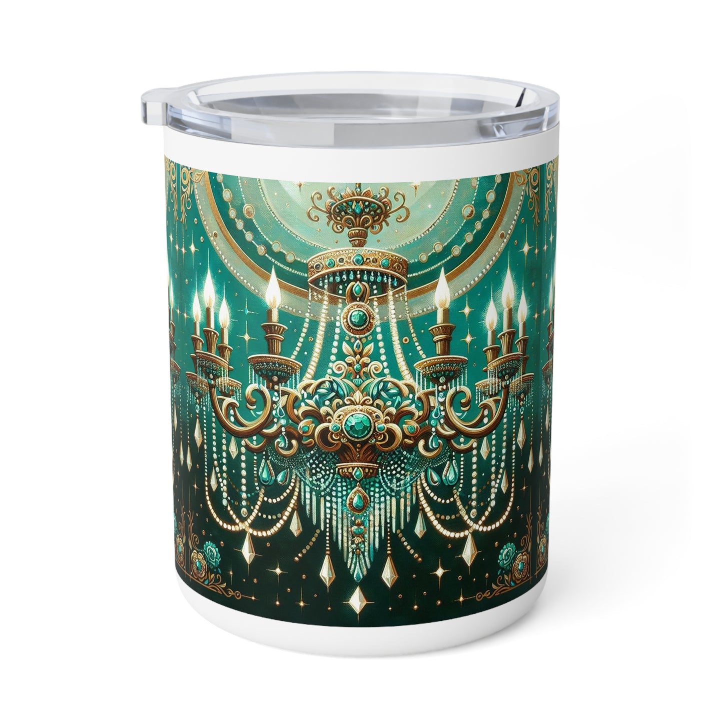 Insulated Coffee Mug, 10oz - Green & Gold Jeweled Chandelier