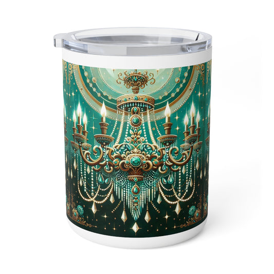 Insulated Coffee Mug, 10oz - Green & Gold Jeweled Chandelier