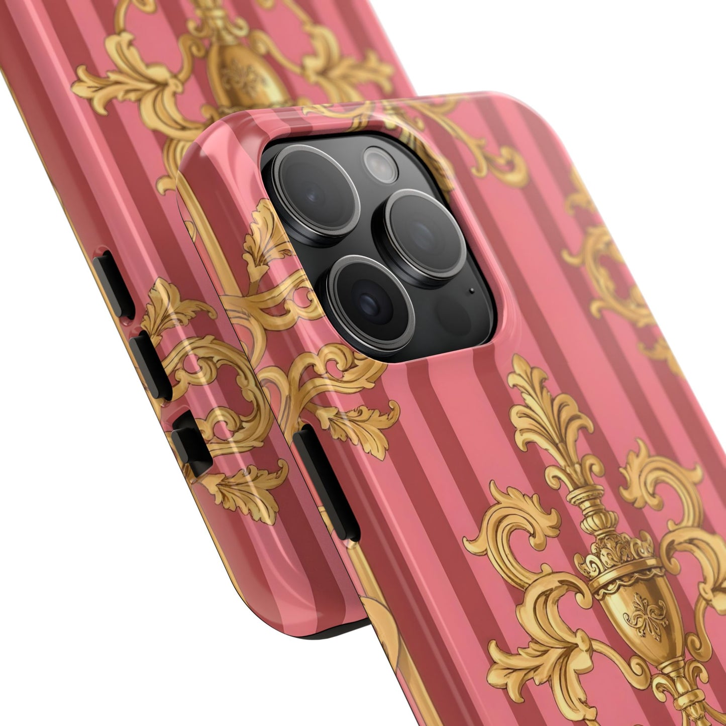 Elegant Baroque Tough Phone Cases, Durable Phone Cover, Stylish Accessory, Gift for Any Occasion - Pink Striped Gold Baroque