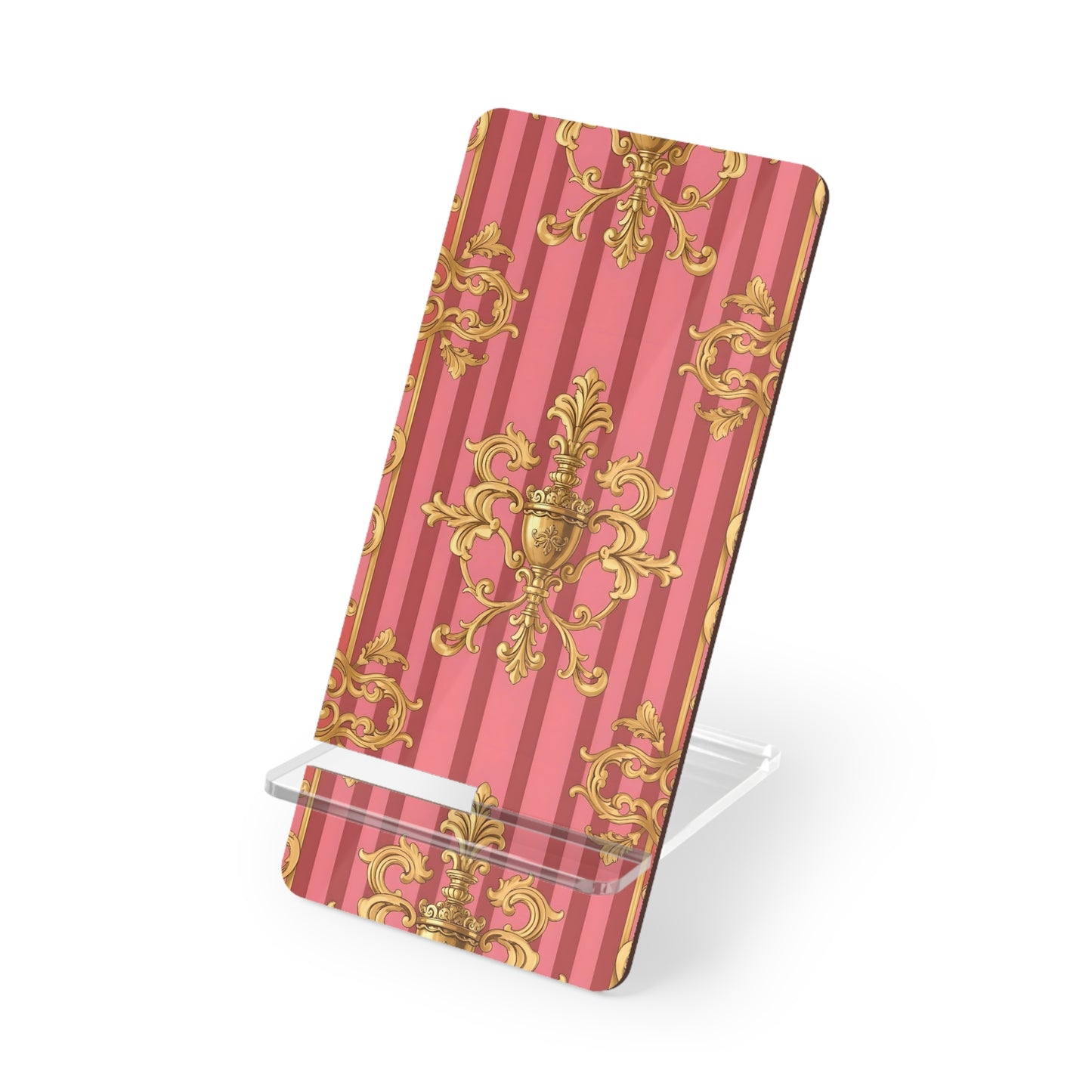 Elegant Smartphone Display Stand, Decorative Phone Holder, Chic Desk Accessory, Stylish Gift for Her - Pink Striped Gold Baroque