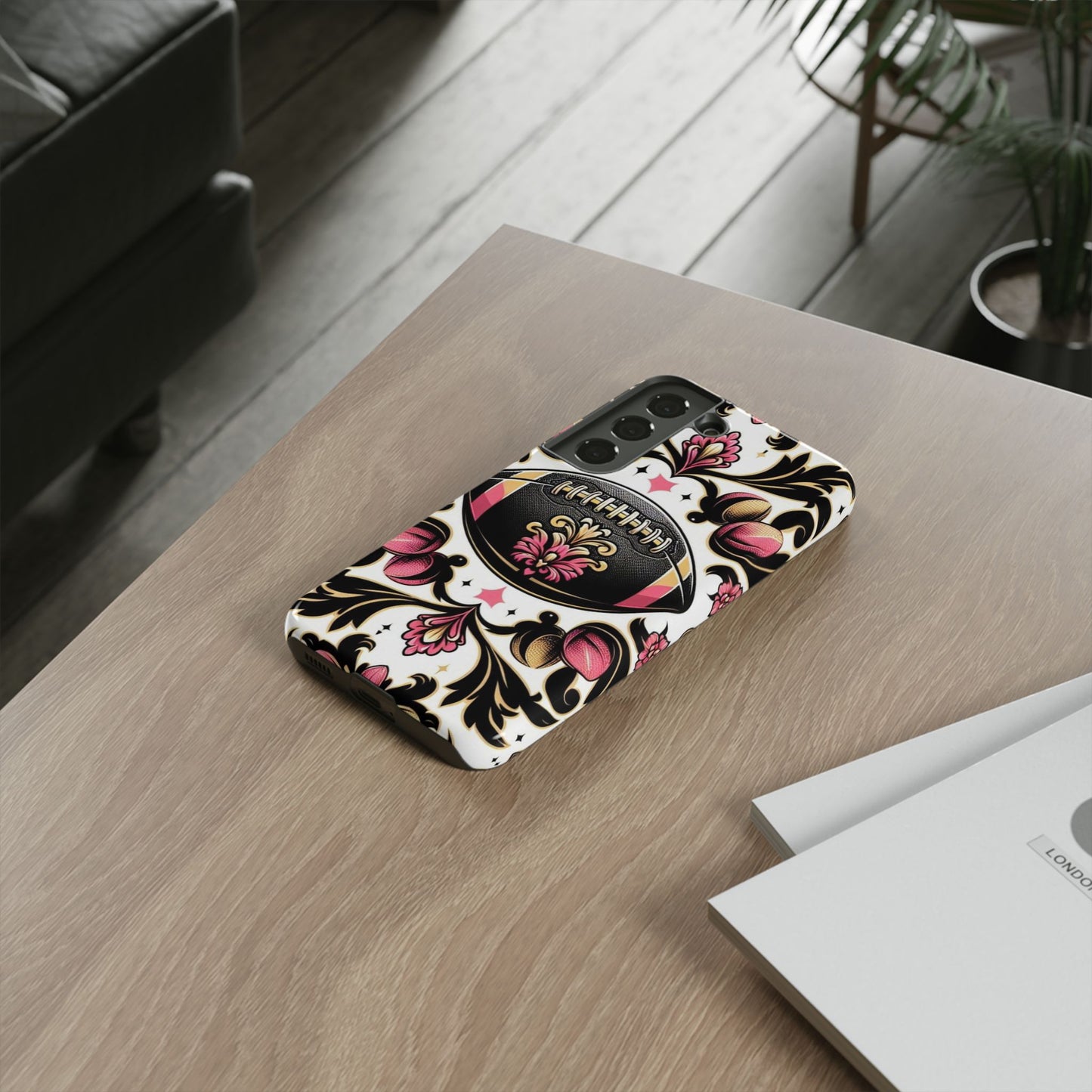 Elegant Floral Motif Phone Case - Tough Cases with Vintage Design - Damask White, Pink Gold & Black Football