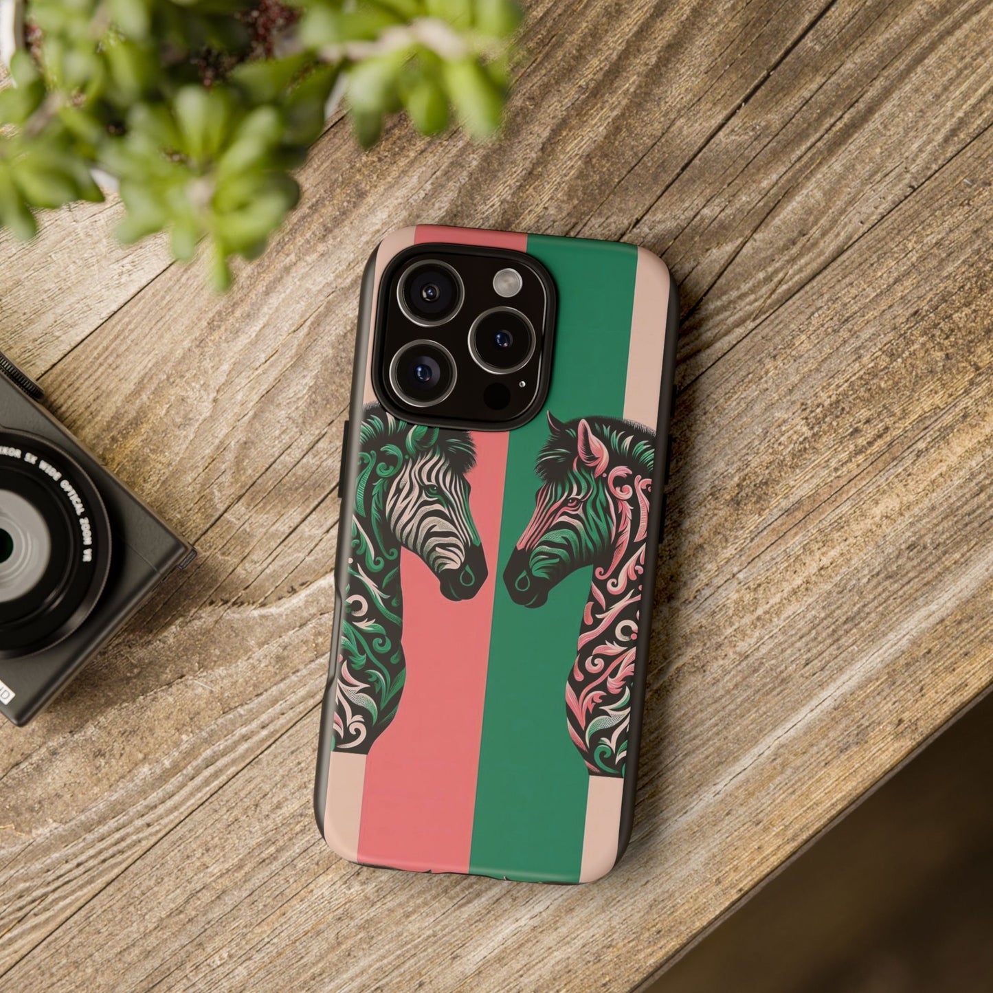 Phone Case - Elegant Pink & Green Zebra Damask Design