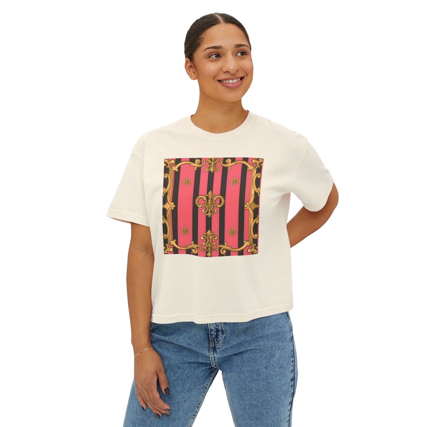 Chic Graphic Boxy Tee - Trendy Women's Casual Top, Festival Shirt, Gift for Her, Baroque Style - Pink & Black Striped Gold Baroque