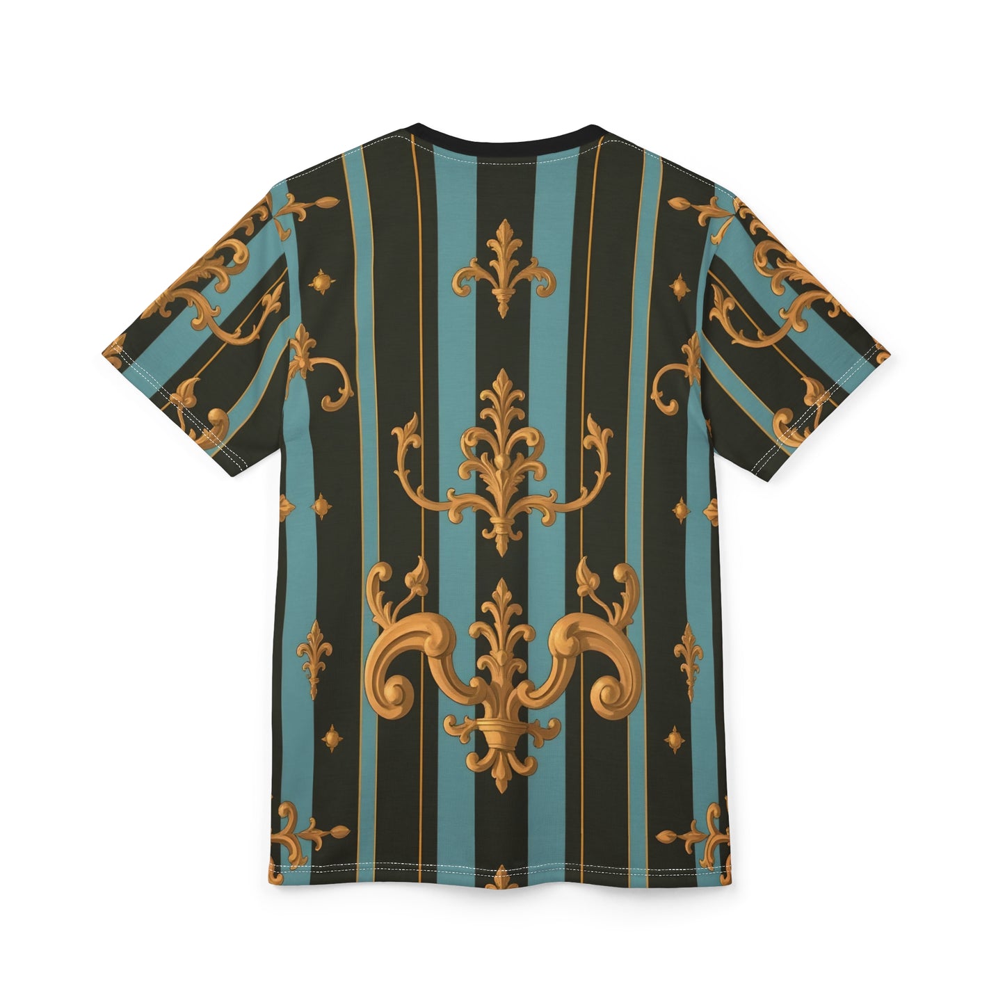 Elegant Patterned Unisex Tee, Vibrant Graphic T-Shirt, Fashionable Casual Top, Unique Gift for Him/Her - Black & Turquoise Striped Baroque